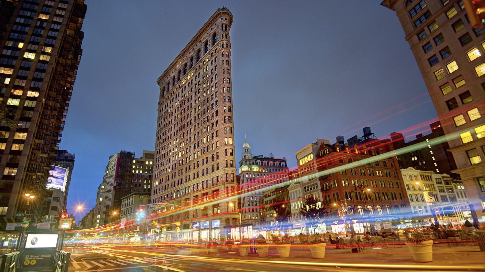 cityscape, built structure, city life, blurred motion, city street, manhattan, 1080P, flatiron building, night, nyc, nature, metropolis, united states, HD Wallpaper