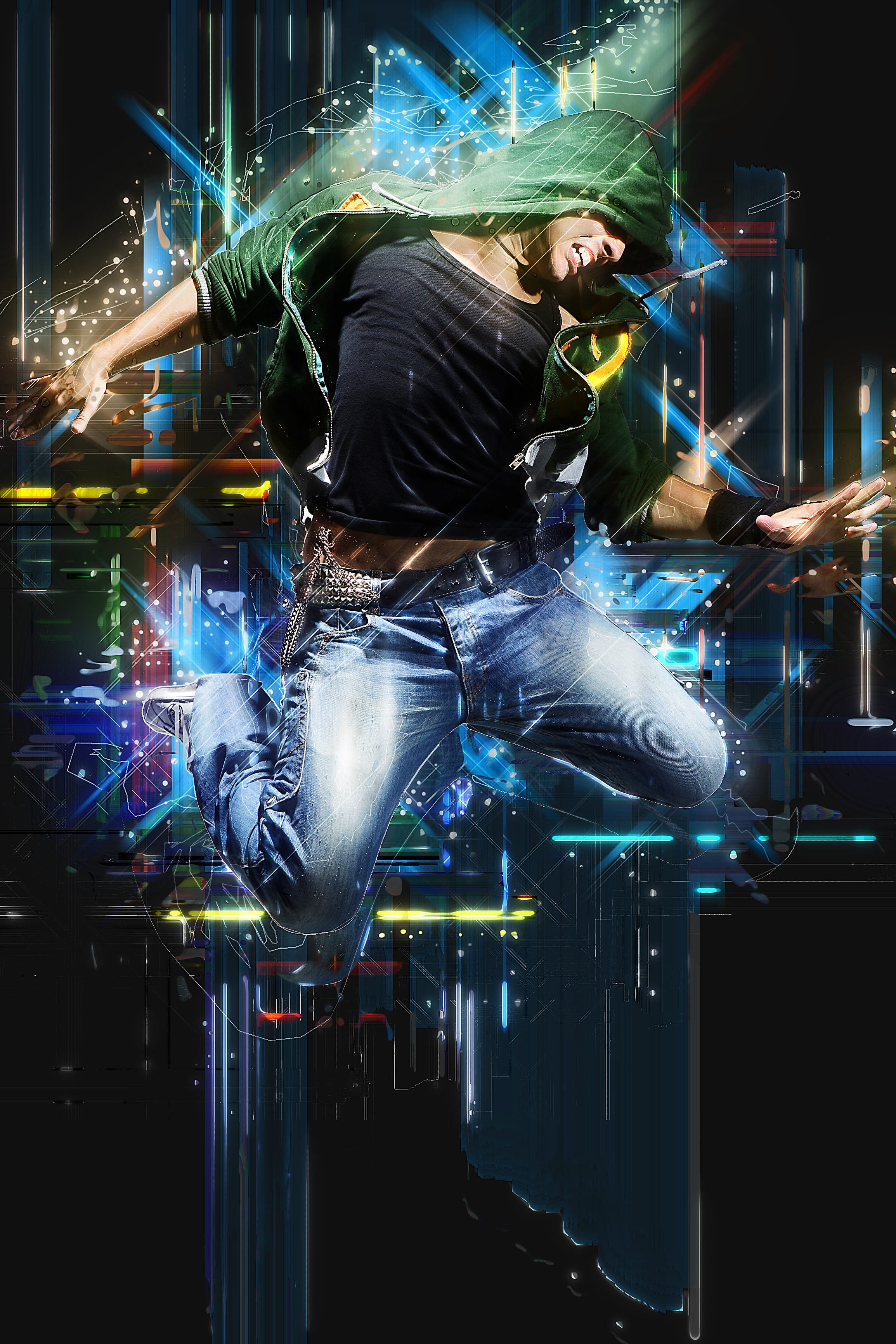 adult, digital creation, s, occupation, action, jeans, women, fitness, person, green, hoodie, built structure, photo art, modern, skill, arts culture and entertainment, Phone HD Wallpaper