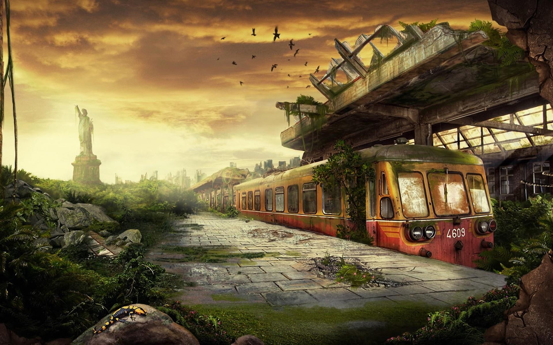 painting, sunset, 1080P, transportation, tree, cloud - sky, nature, history, plant, outdoors, old, the past, built structure, post, mode of transportation, HD Wallpaper
