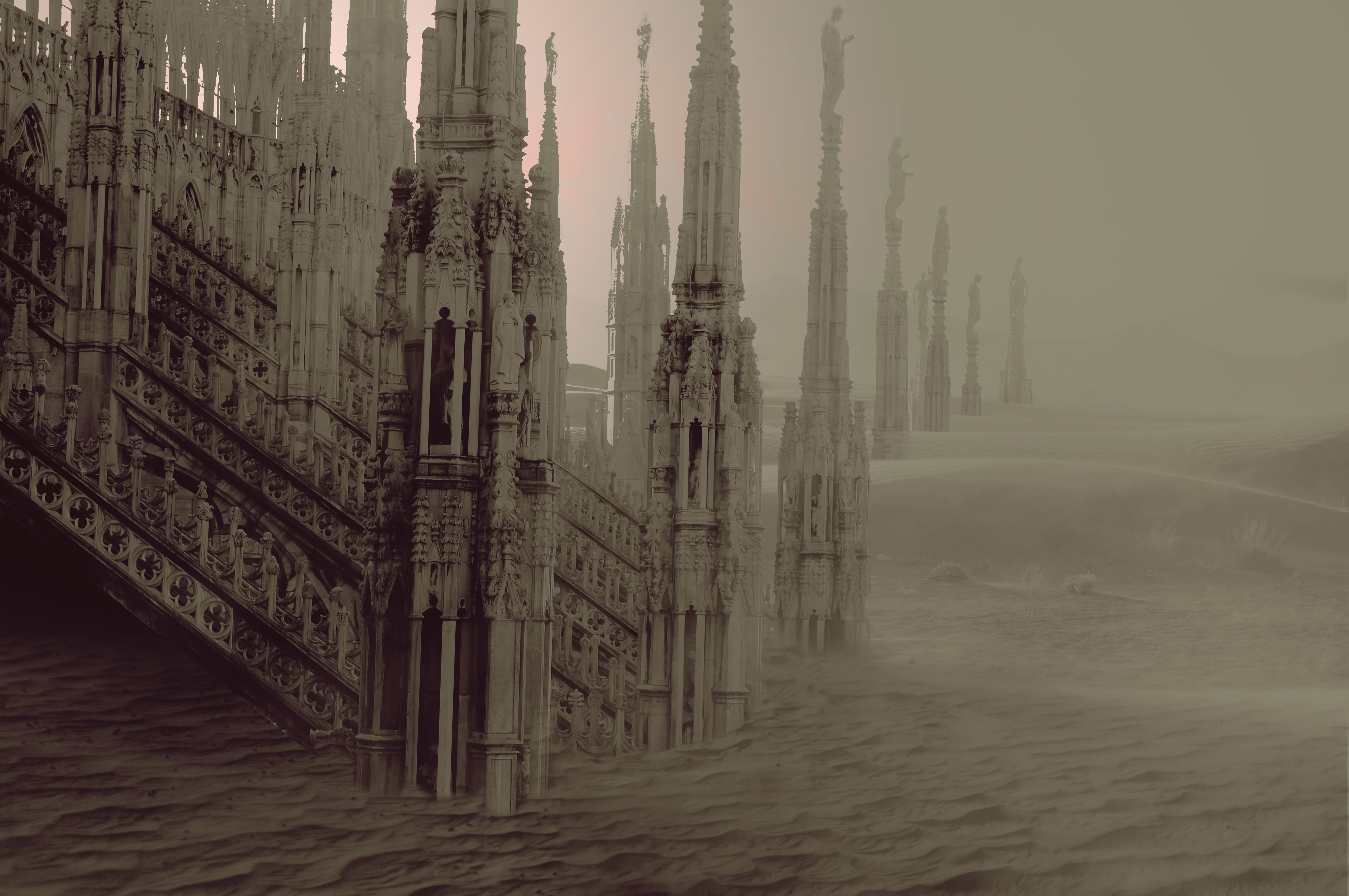 photomontage, building, building exterior, spirituality, tranquil scene, day, fog, fantasy, mystical, place of worship, religion, sky, dessert, land, scene, HD Wallpaper