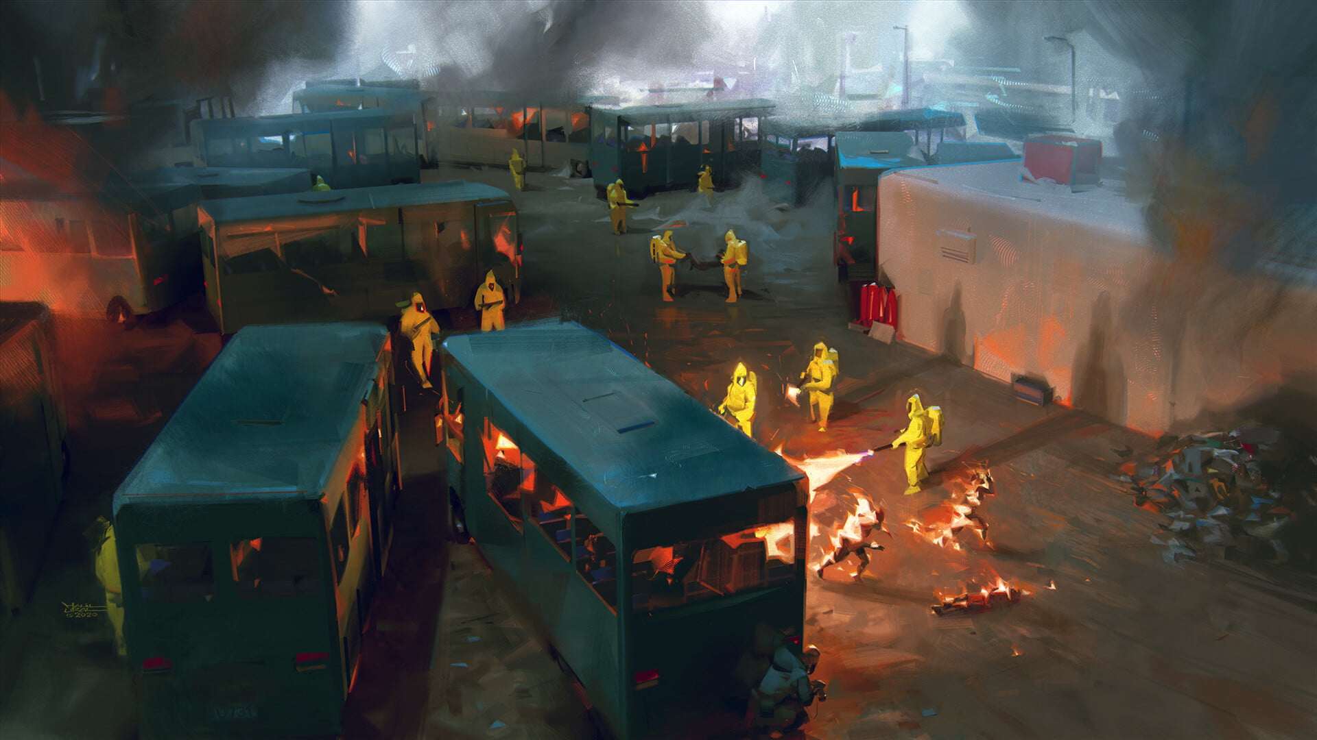 digital art, post apocalypse, viruses, artwork, hazmat suits, Flamethrower, 1080P, apocalyptic, HD Wallpaper