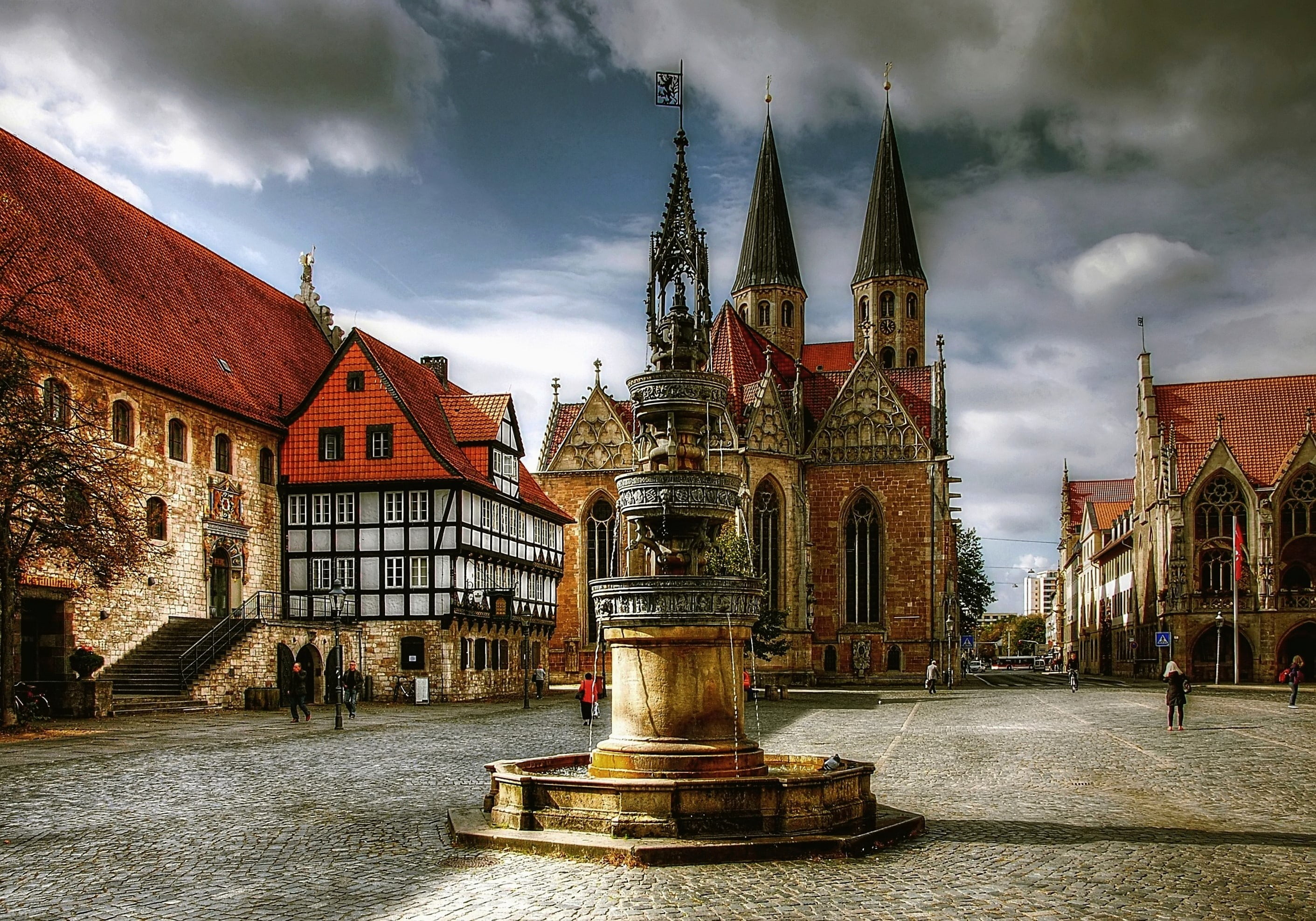 built structure, cloud - sky, architecture, 2K, spire, lower saxony, historically, braunschweig, religion, outdoors, building exterior, water, travel, HD Wallpaper