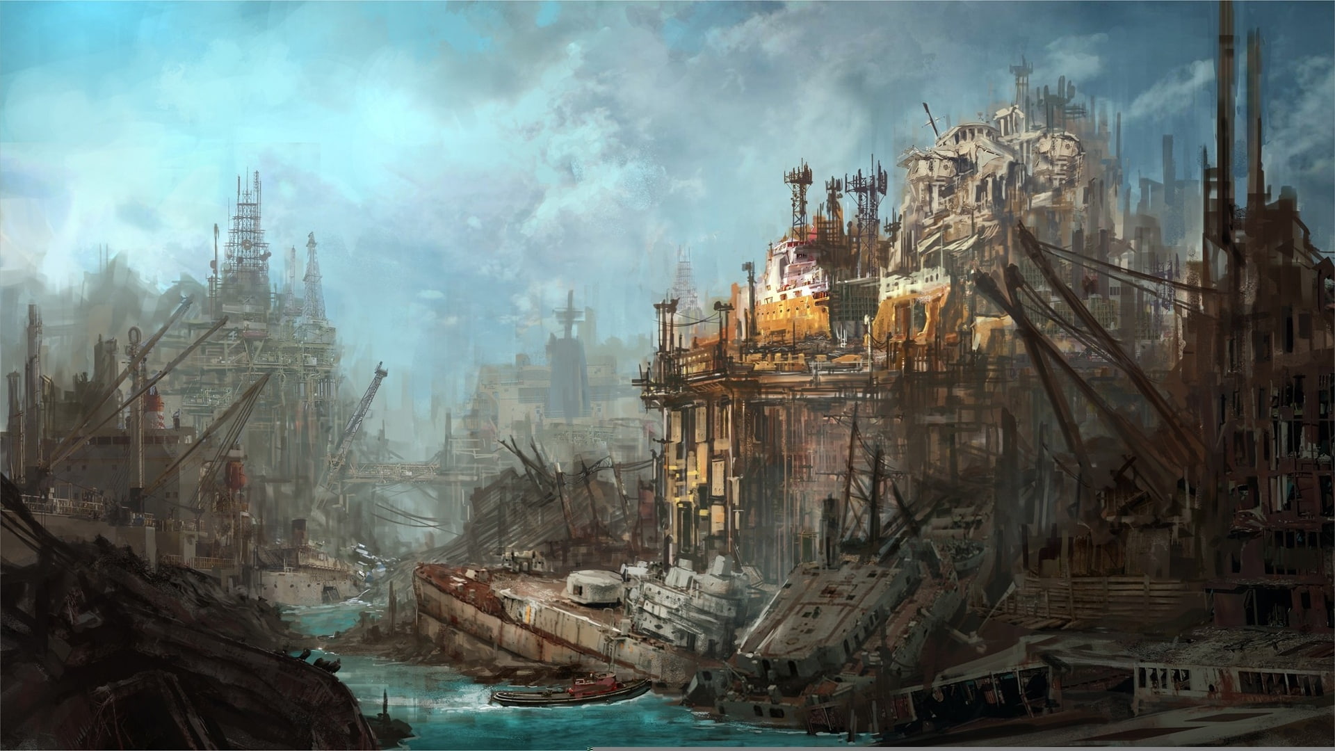 horror, cloud - sky, no people, industry, skyscraper, Dark, 1080P, Ships, city, art, environment, destruction, sci, built structure, building exterior, HD Wallpaper