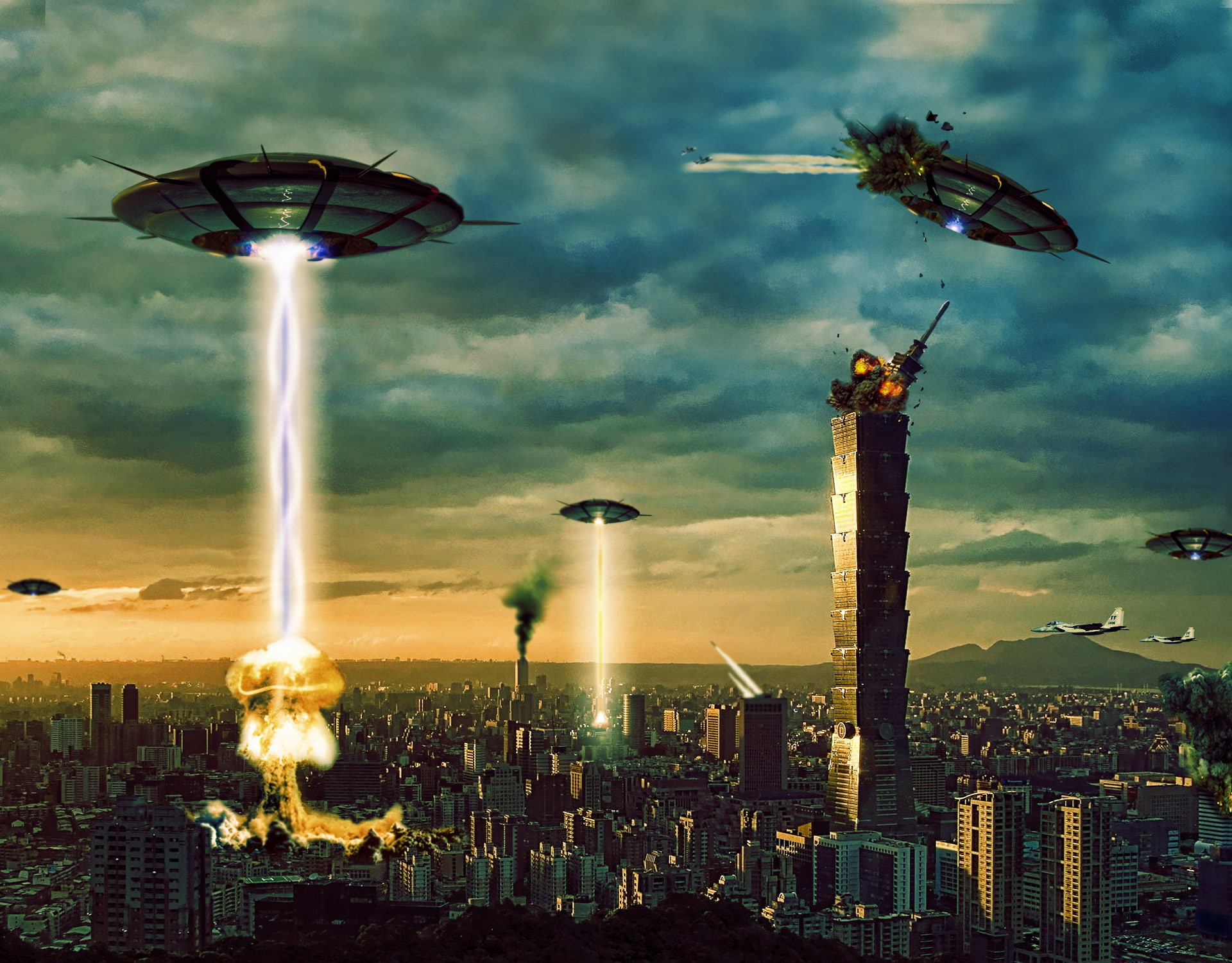 fire, cities, skyscrapers, architecture, manipulations, science fiction, ufo, vehicles, spacecrafts, aliens, 1080P, wars, invasions, digital art, buildings, HD Wallpaper