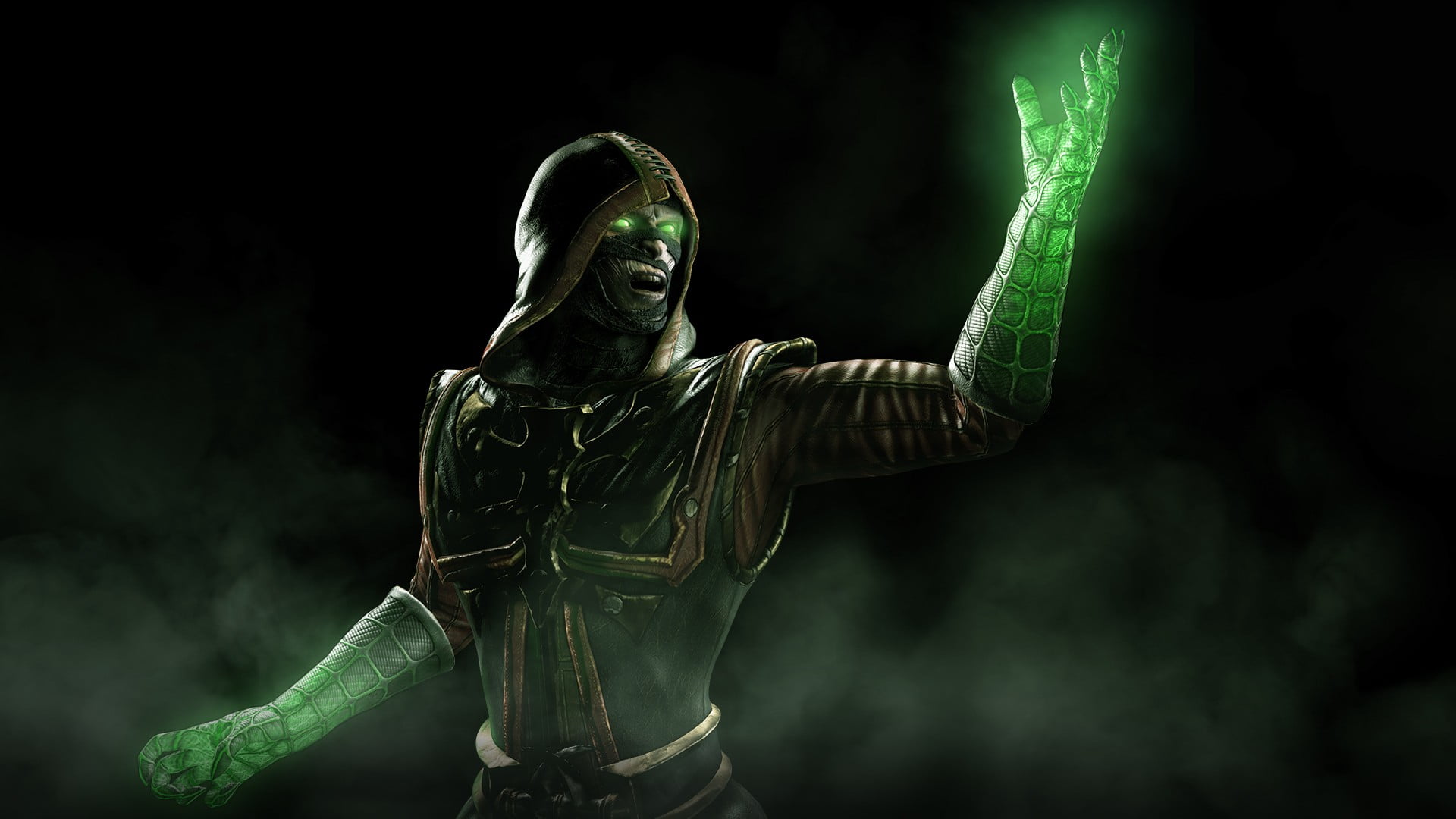 standing, arms raised, studio shot, people, black background, limb, PC gaming, indoors, costume, Ermac, performance, Mortal Kombat X, front view, holding, HD Wallpaper