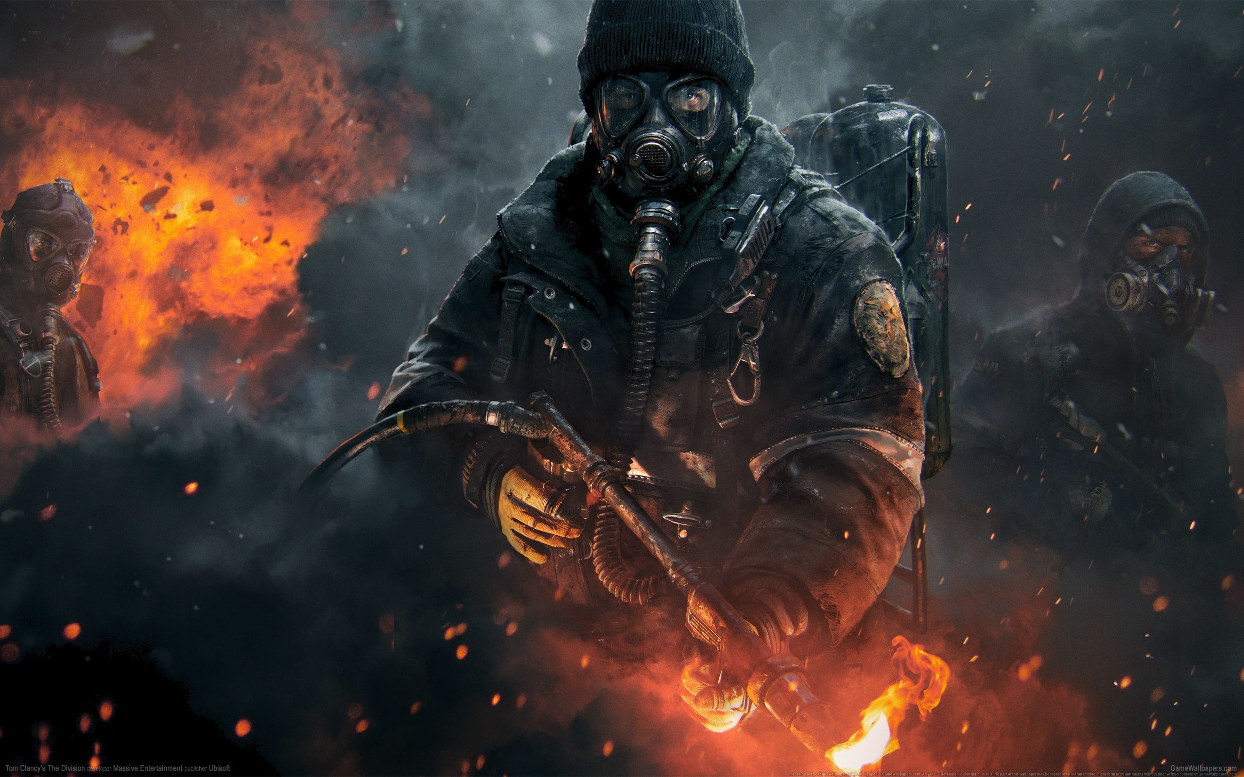 2K, artwork, mask, front view, flame, shooting, indoors, men, nature, burning, people, business, waist up, warning sign, thedivision, sign, fire, disguise, HD Wallpaper