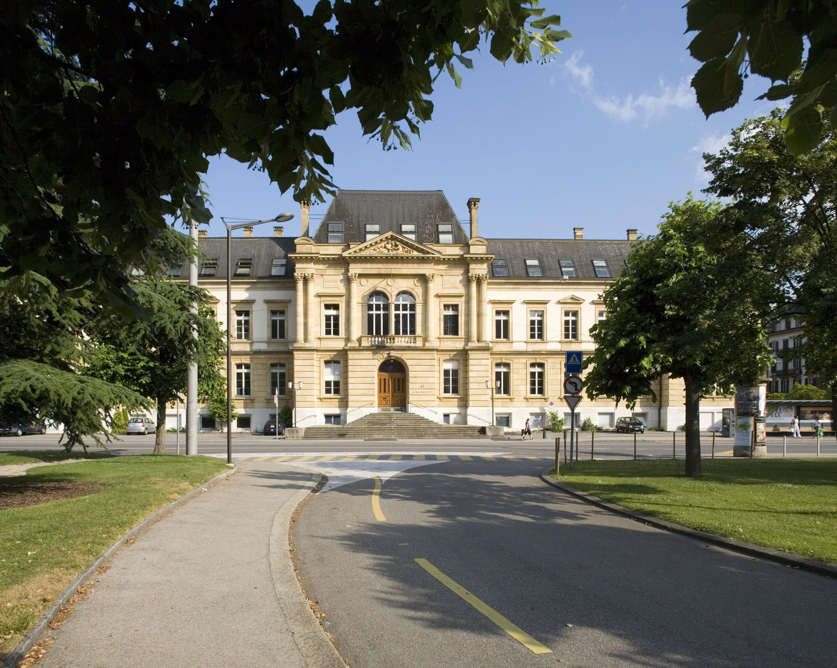 transportation, facade, outdoors, college, university of neuchatel, city, education, neuch, government, tree, sky, 720P, street, building, day, travel destinations, HD Wallpaper