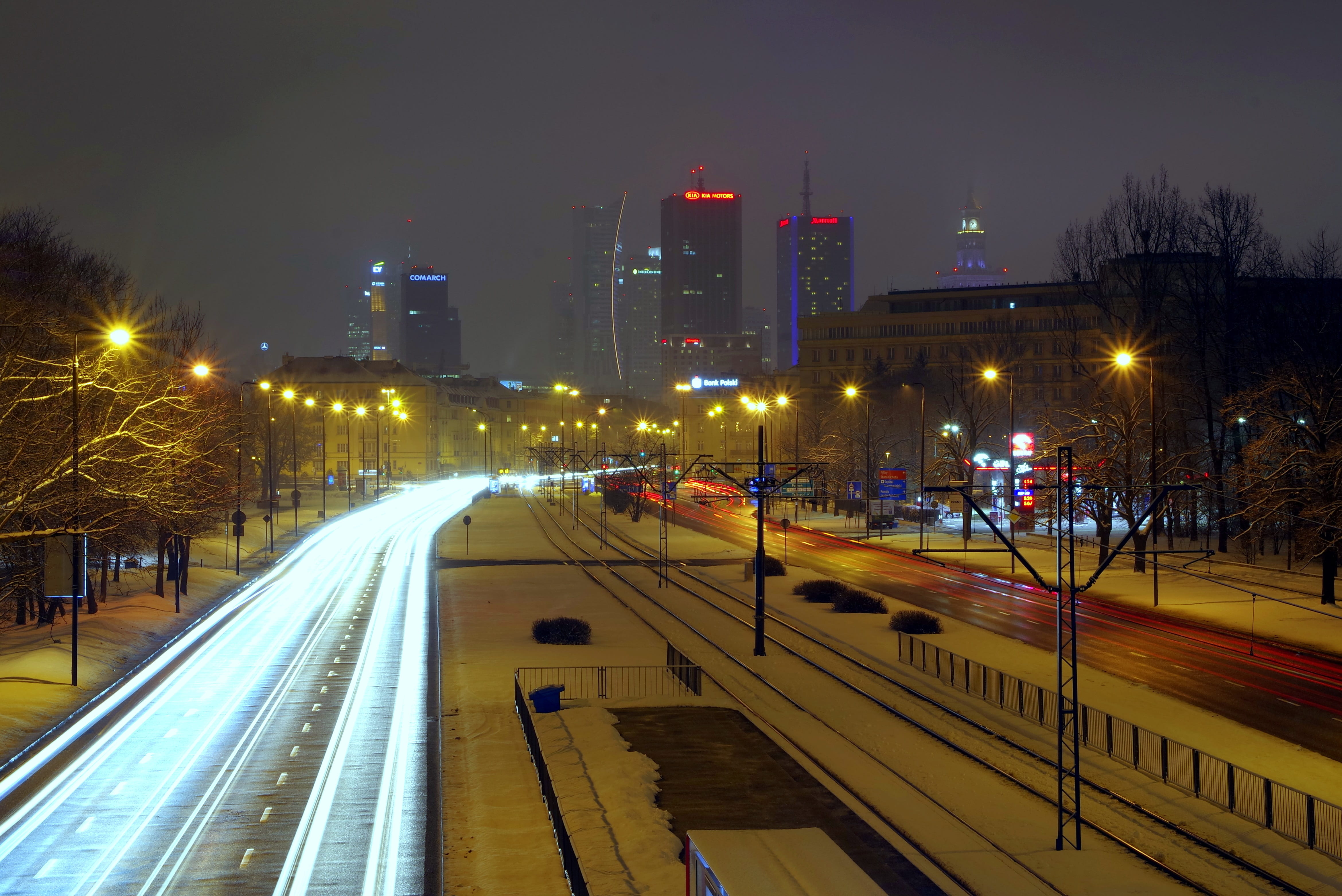 architecture, public transport, illuminated, rail transportation, Street, track, Night, mode of transportation, night, avenues of independence, Winter, HD Wallpaper