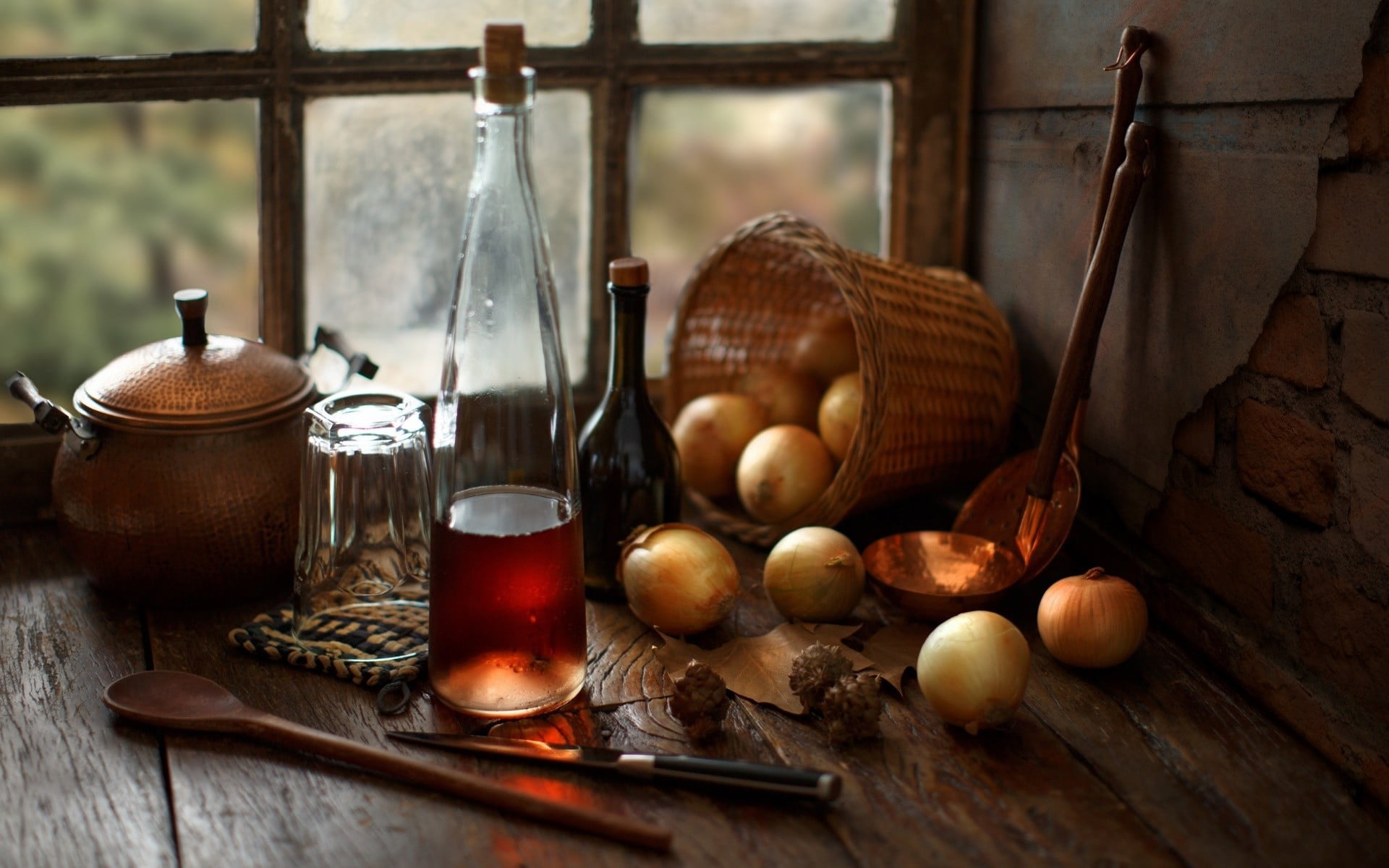 still life, food and drink, day, candle, 1080P, apple - fruit, no people, Onions, framed, healthy eating, kitchen utensil, food, transparent, jar, holders, HD Wallpaper