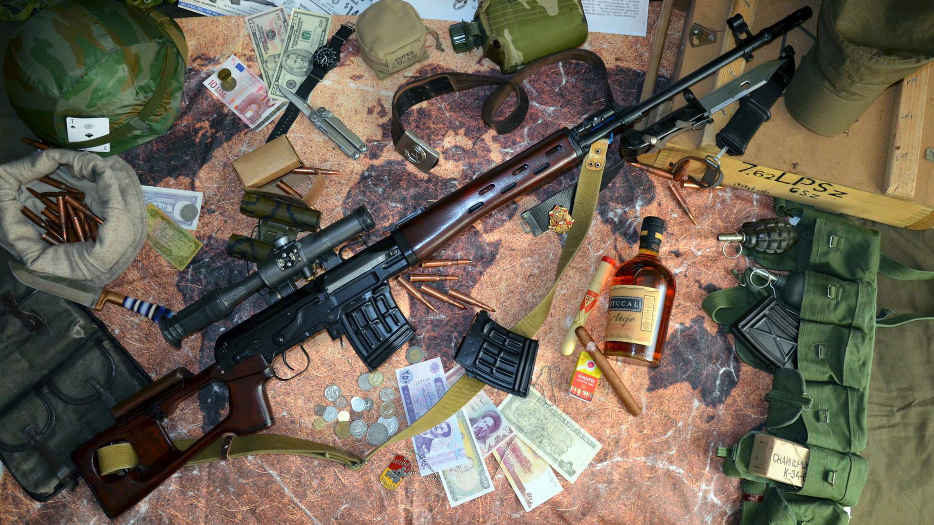 gun, 1080P, conflict, metal, bad condition, pomegranate, aggression, table, rifle, indoors, choice, shooting A Weapon, war, 62 mm, SVD, variation, collection, HD Wallpaper