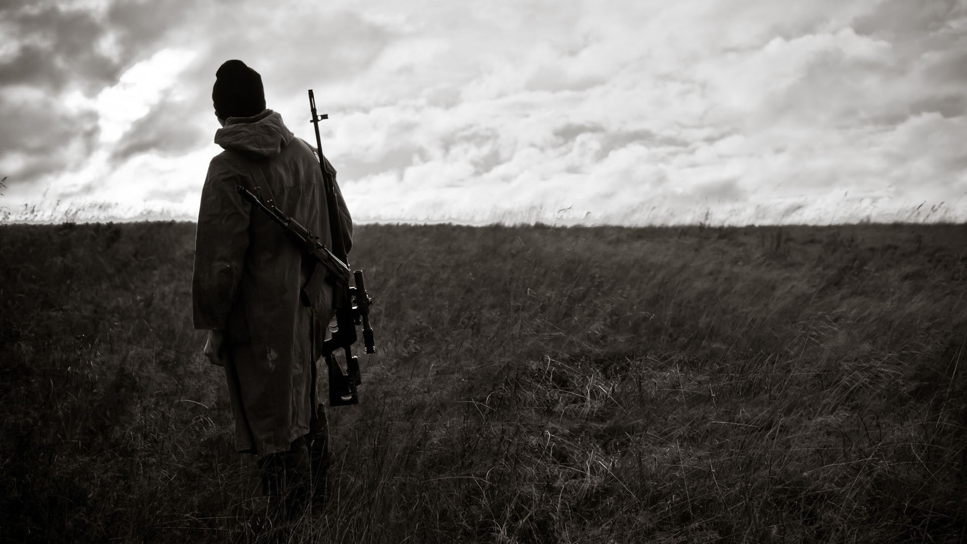 military, field, SVD, lifestyles, 1080P, Sniper Rifle, war, Sad, monochrome, plant, day, sky, land, one person, full length, men, scenics - nature, rear view, HD Wallpaper