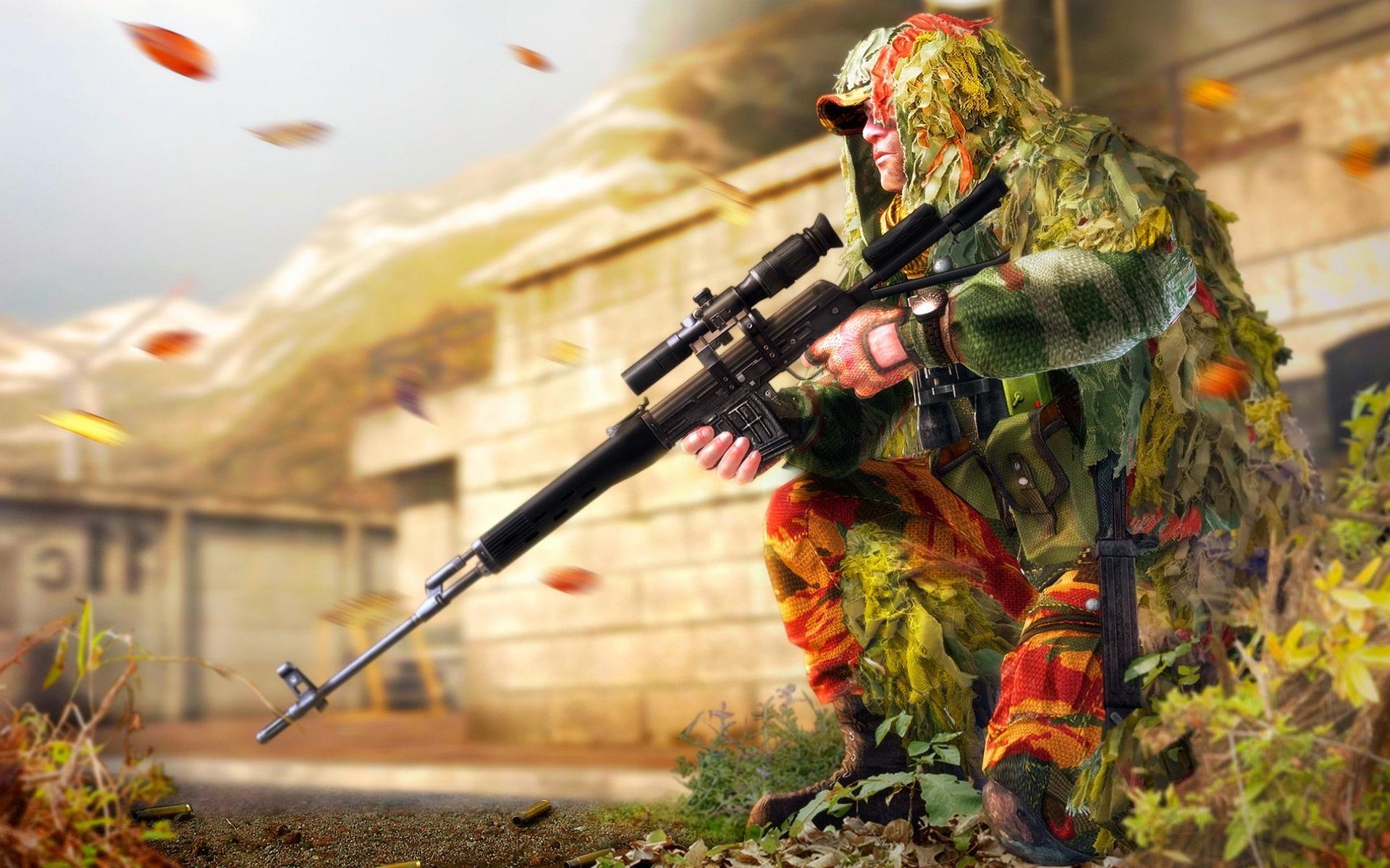 grass, military uniform, 1080P, sniper rifle, aiming, holding, military, conflict, animal wildlife, camouflage clothing, war, focus on foreground, soldiers, HD Wallpaper