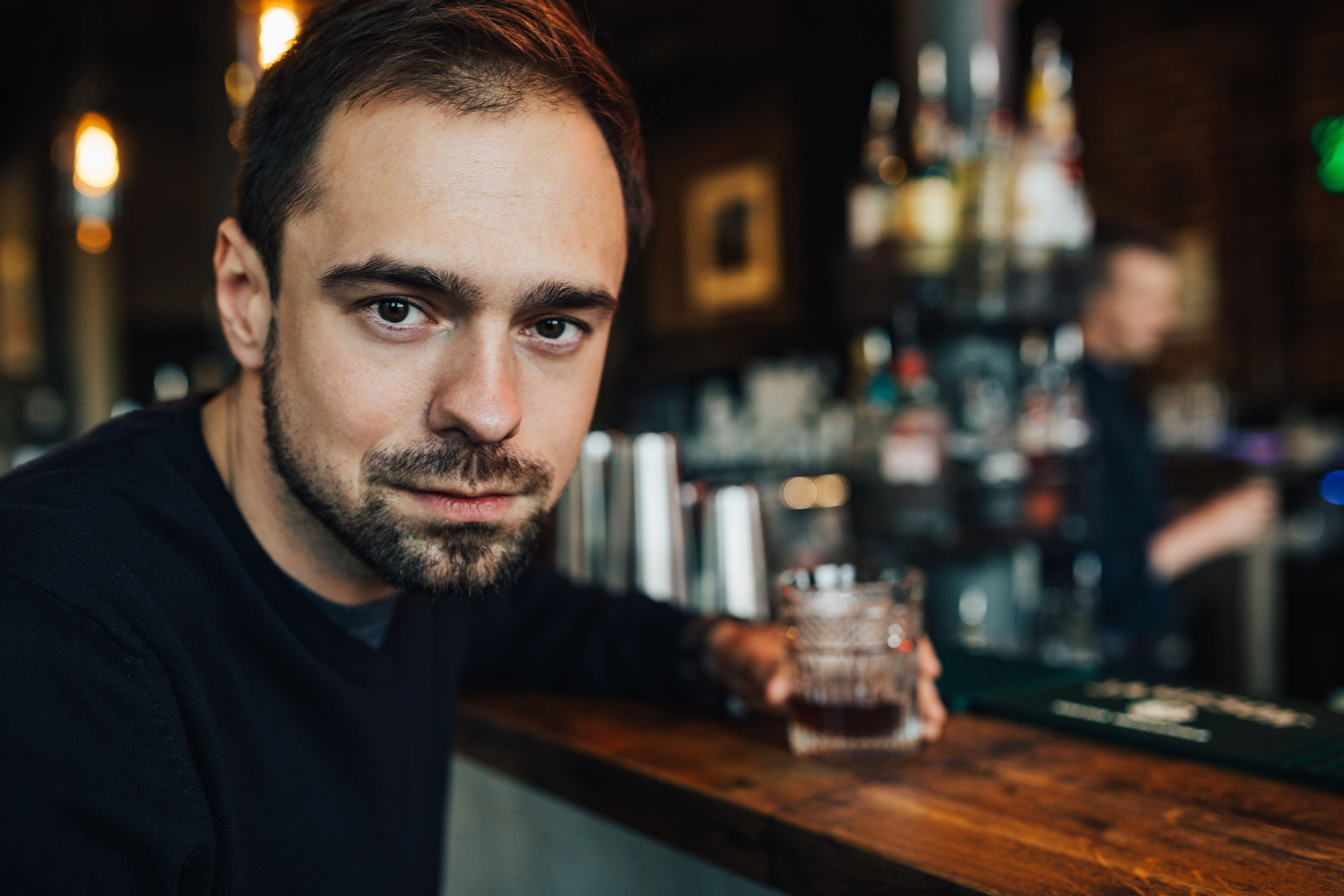 male, facial hair, refreshment, lonely, 5K, Handsome, young, nightlife, people, drinking, glass, elegant, lifestyles, adult, caucasian Ethnicity, headshot, HD Wallpaper