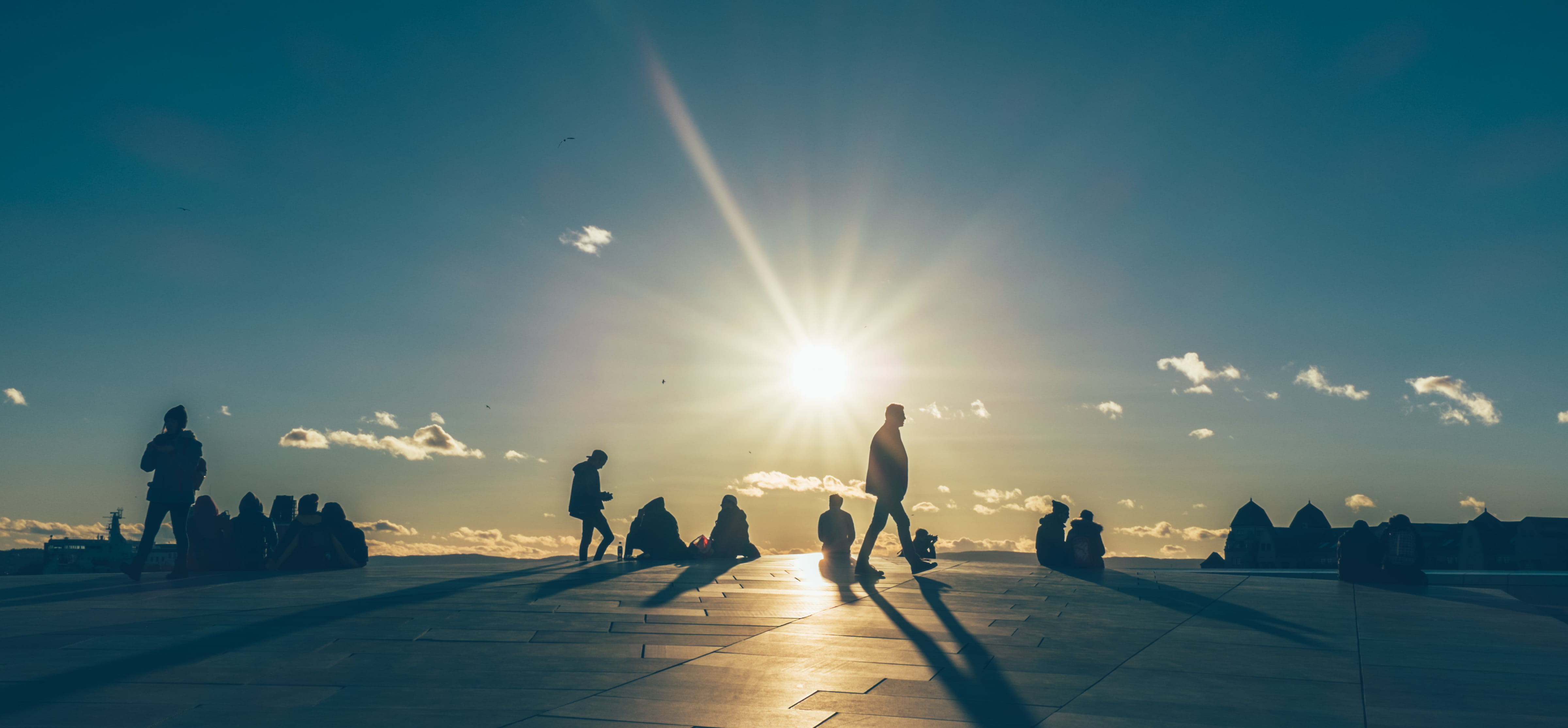 walking, architecture, group of people, sitting, bright, leisure activity, women, sunset, oslo, lens flare, silhouette, standing, back lit, sky, men, silhouettes, HD Wallpaper