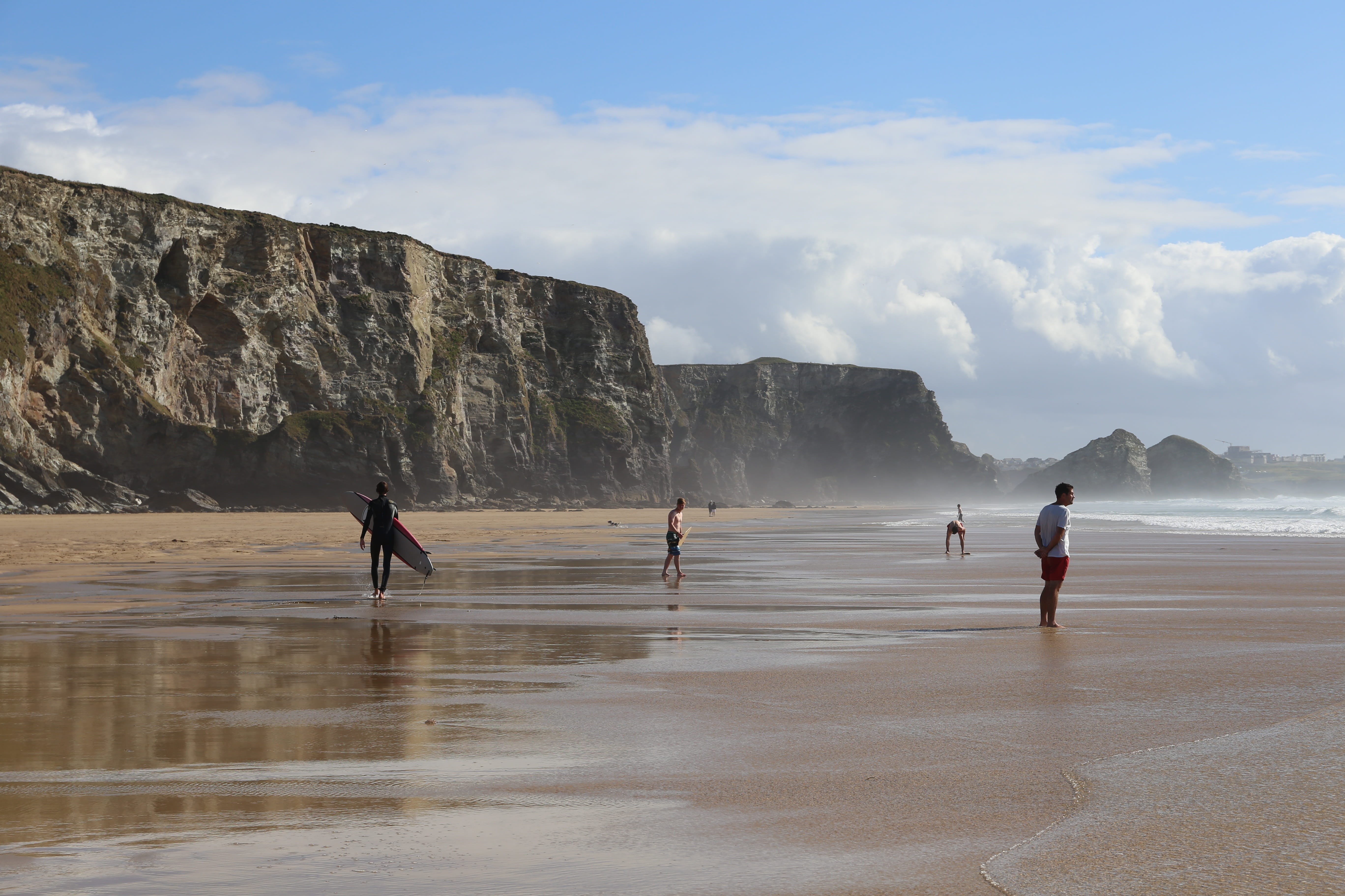 coast, britain, outdoors, coastline, english, scenic, Holiday, water, group of people, sand, england, beauty in nature, Watergate Bay, sky, real people, HD Wallpaper