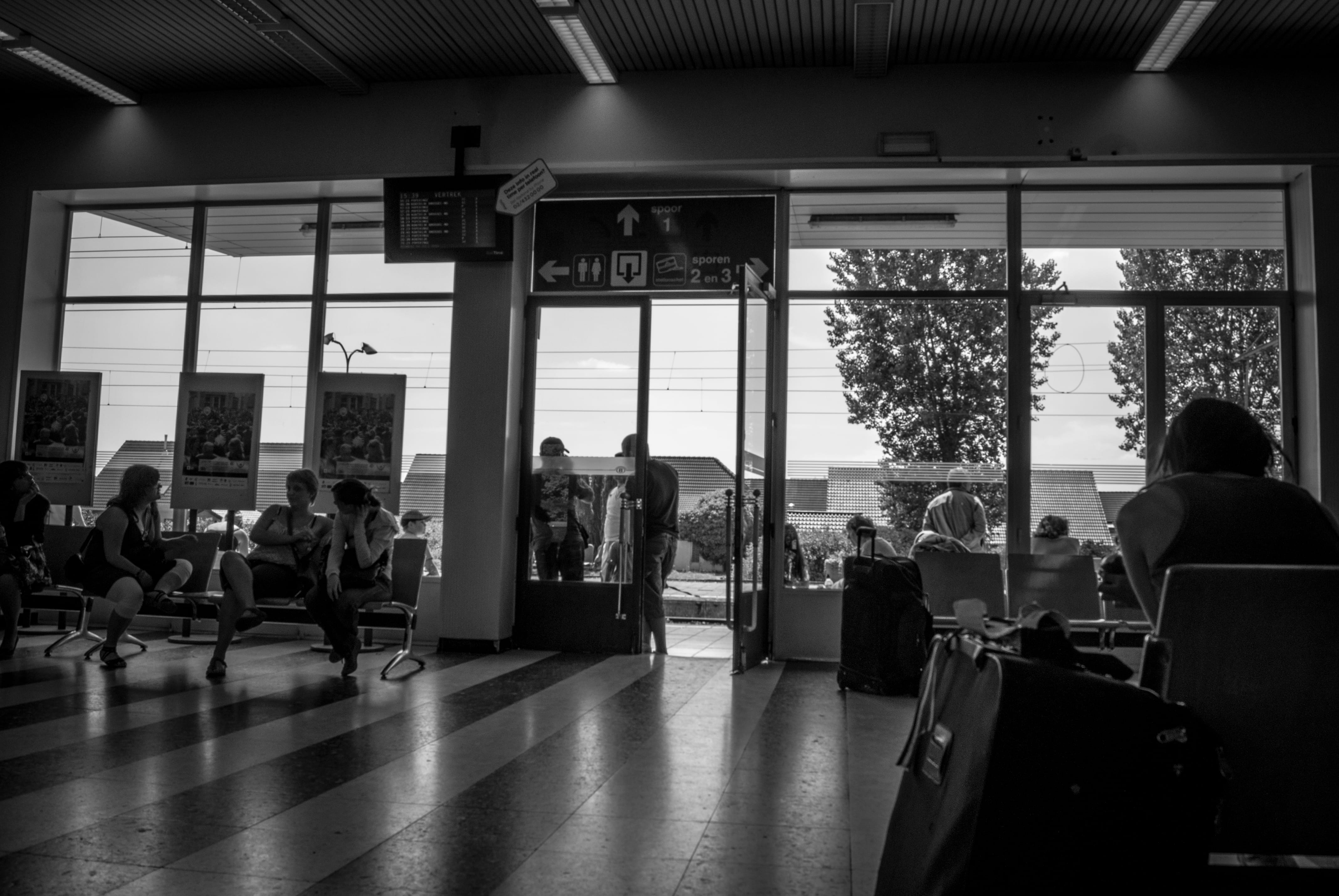 lobby, waiting, shot, daylight, men, day, group of people, seat, grayscale, women, indoors, group together, trees, chair, window, lifestyles, adult, crowd, HD Wallpaper