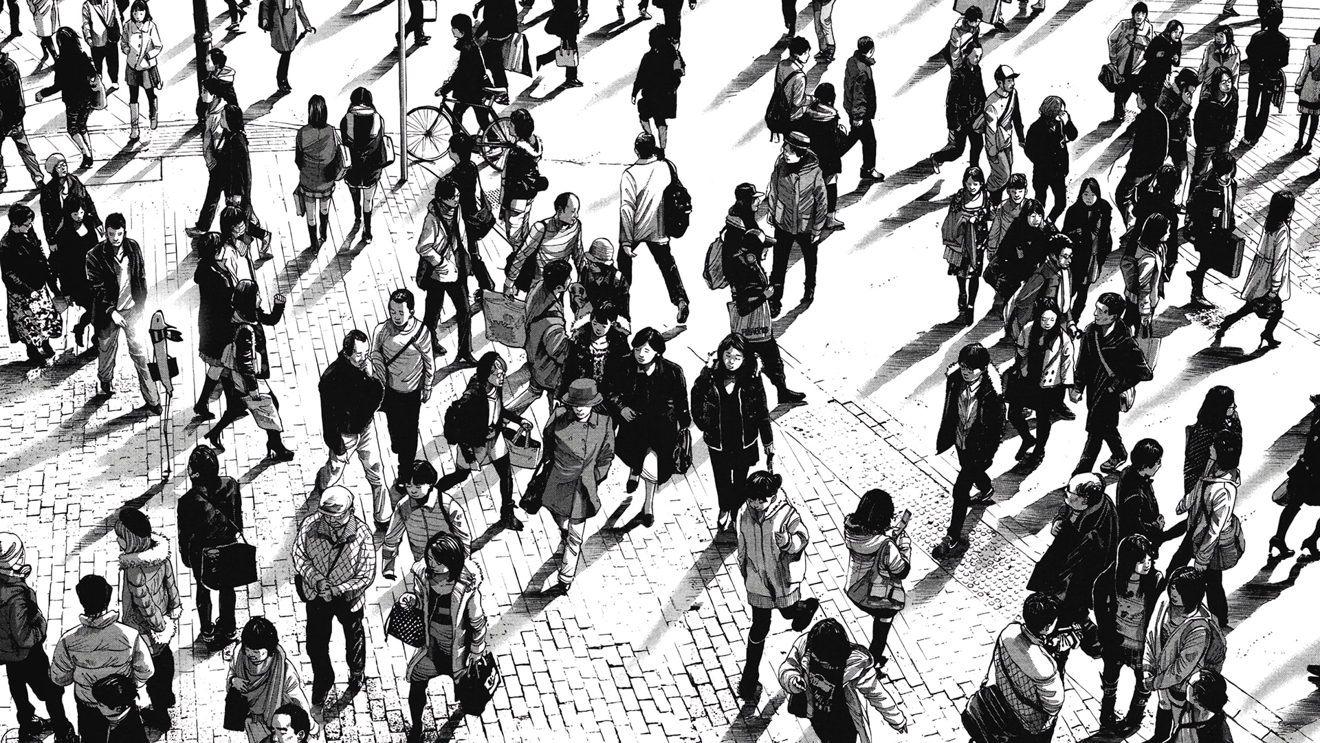 manga, 1080P, group of people, walking, monochrome, HD Wallpaper