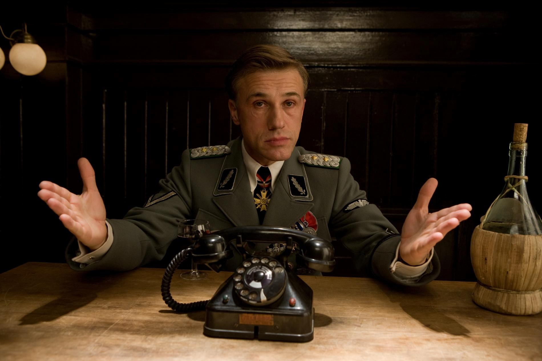 adult, 720P, table, telephone, landline phone, looking at camera, portrait, communication, occupation, one person, males, front view, holding, inglourious basterds, HD Wallpaper