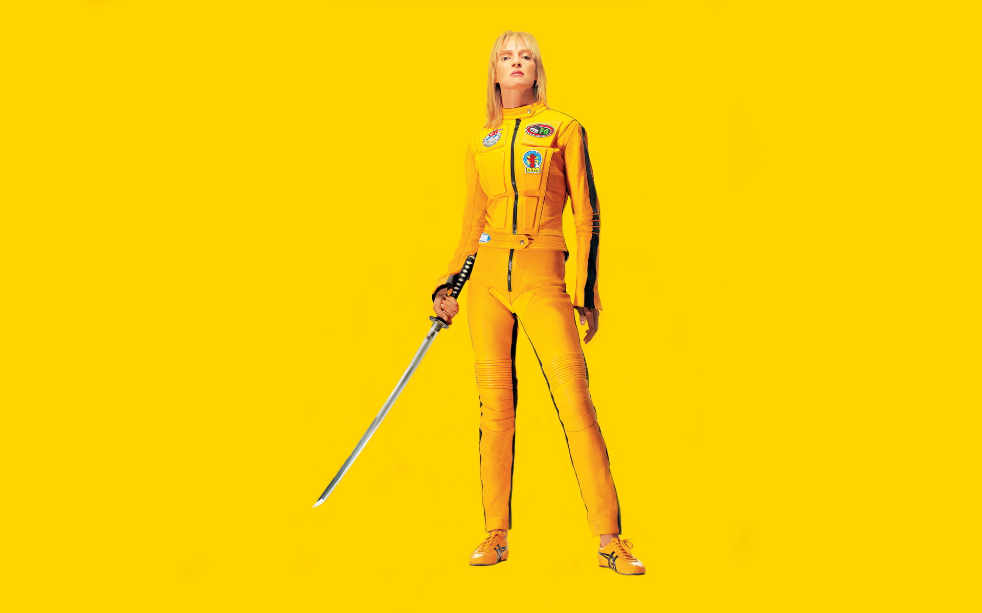 Uma Thurman, standing, one person, young adult, Kill Bill, looking at camera, women, front view, cut out, studio shot, yellow, looking, 1080P, indoors, HD Wallpaper