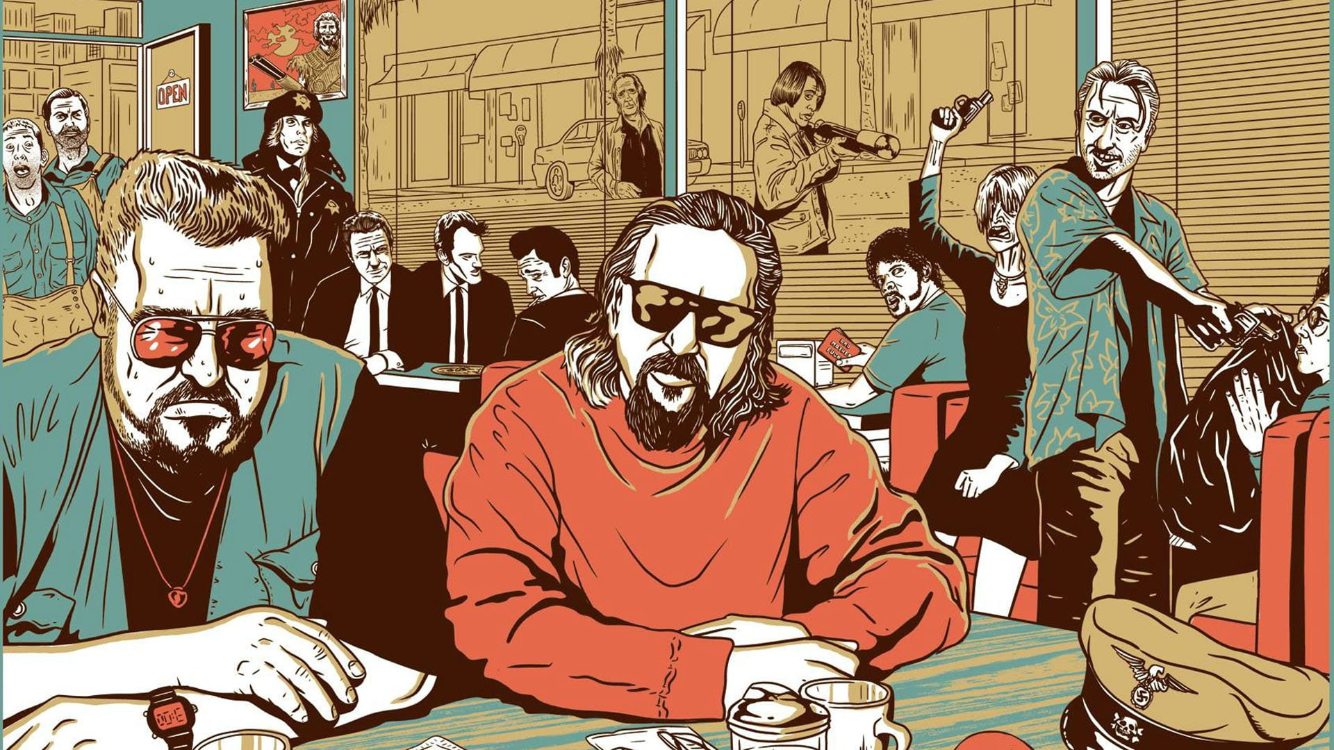adult, the dude jules winnfield the big lebowski pulp fiction fargo reservoir dogs no country for old men movies artwork fan art collage, architecture, HD Wallpaper