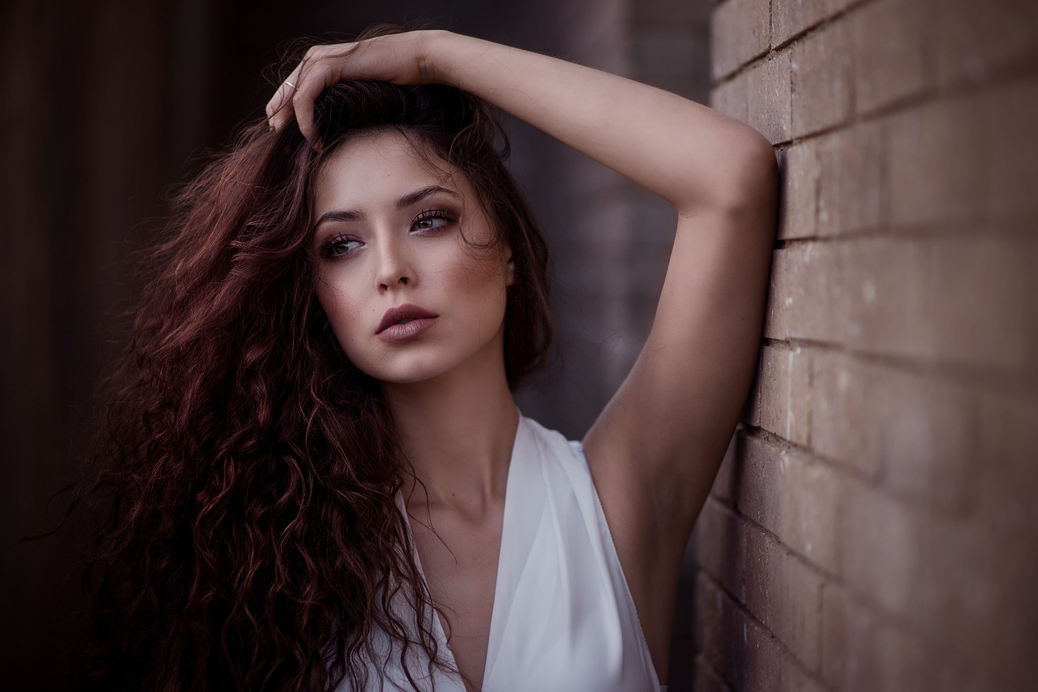 hair, Savannah Cornejo, portrait, contemplation, beautiful woman, brown hair, human hair, looking at camera, brick wall, hands on head, beauty, young women, HD Wallpaper