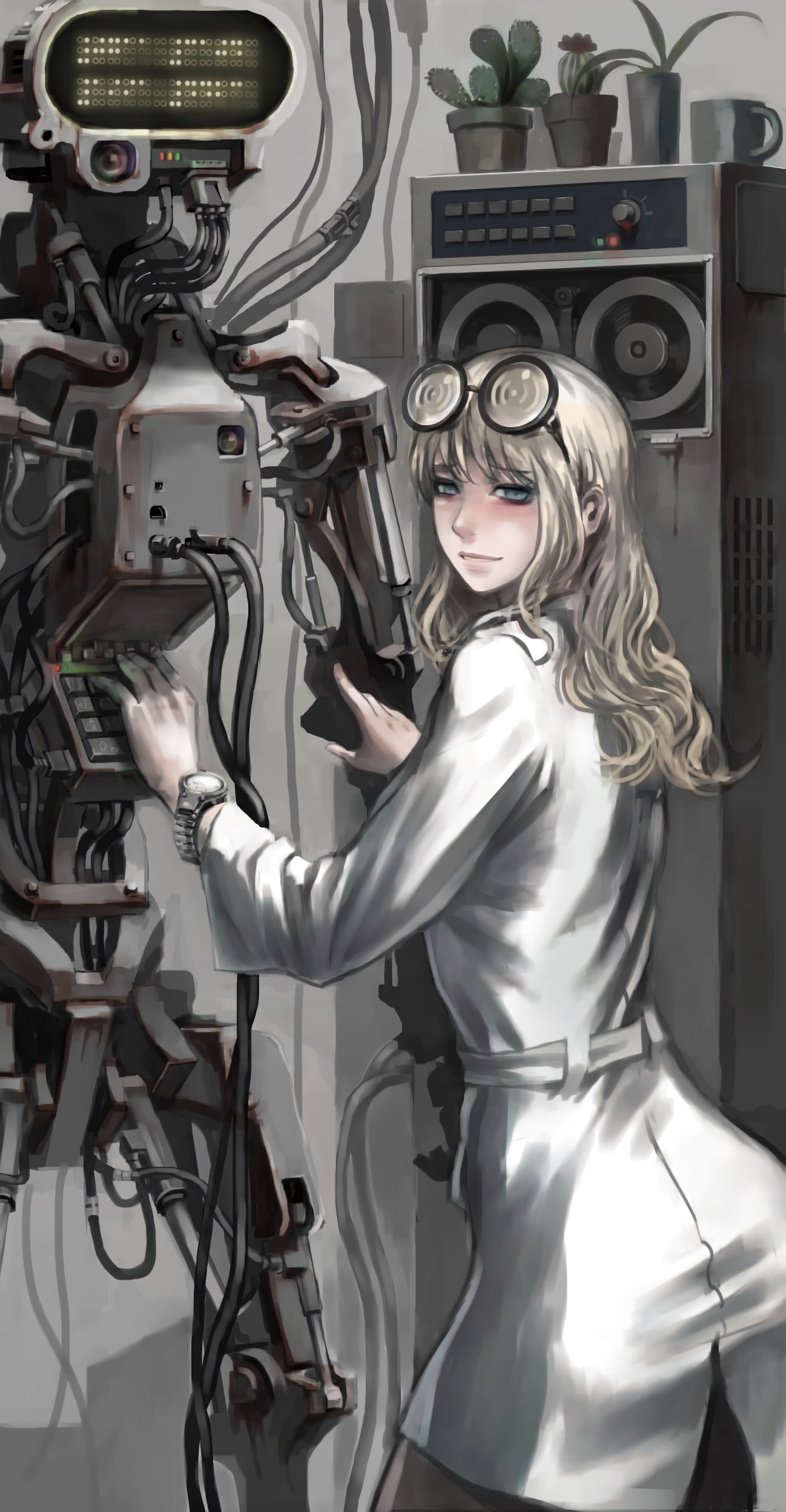 scientists, robot, anime girls, 1080P, gray hair, long hair, anime, glasses, Phone HD Wallpaper