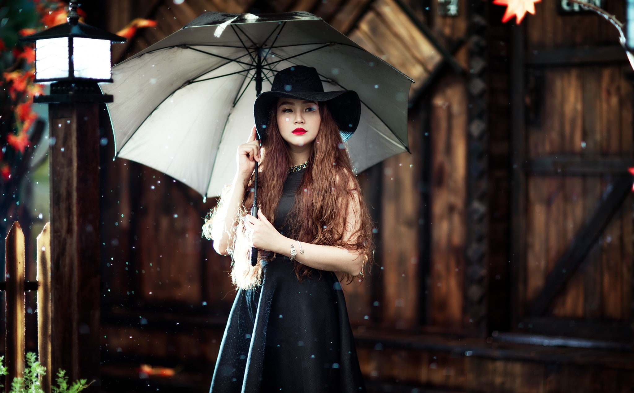 standing, looking away, millinery, brunette, hat, 1080P, black dress, women, model, Asian, umbrella, HD Wallpaper