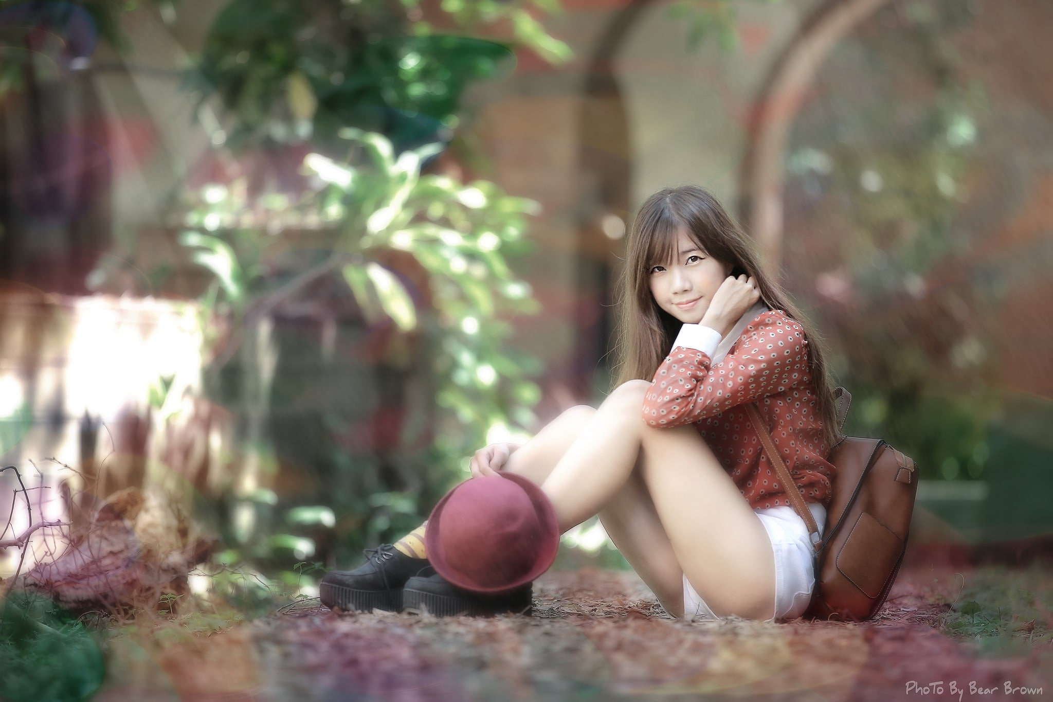 brunette, Asian, millinery, 1080P, legs, looking away, women outdoors, sitting, HD Wallpaper
