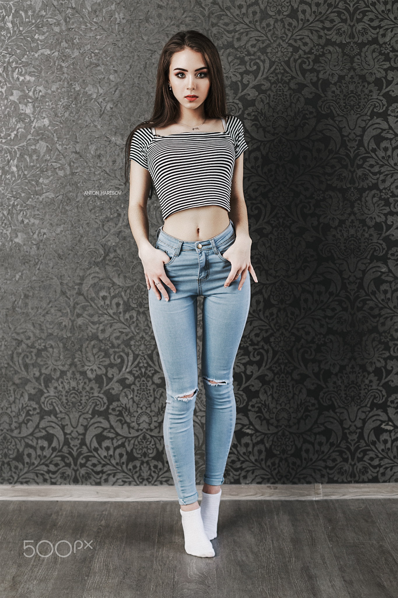 jeans, teenager, standing, full length, looking at camera, women, 500px, fashion, portrait, long hair, one person, beautiful woman, brunette, 1080P, front view, Phone HD Wallpaper