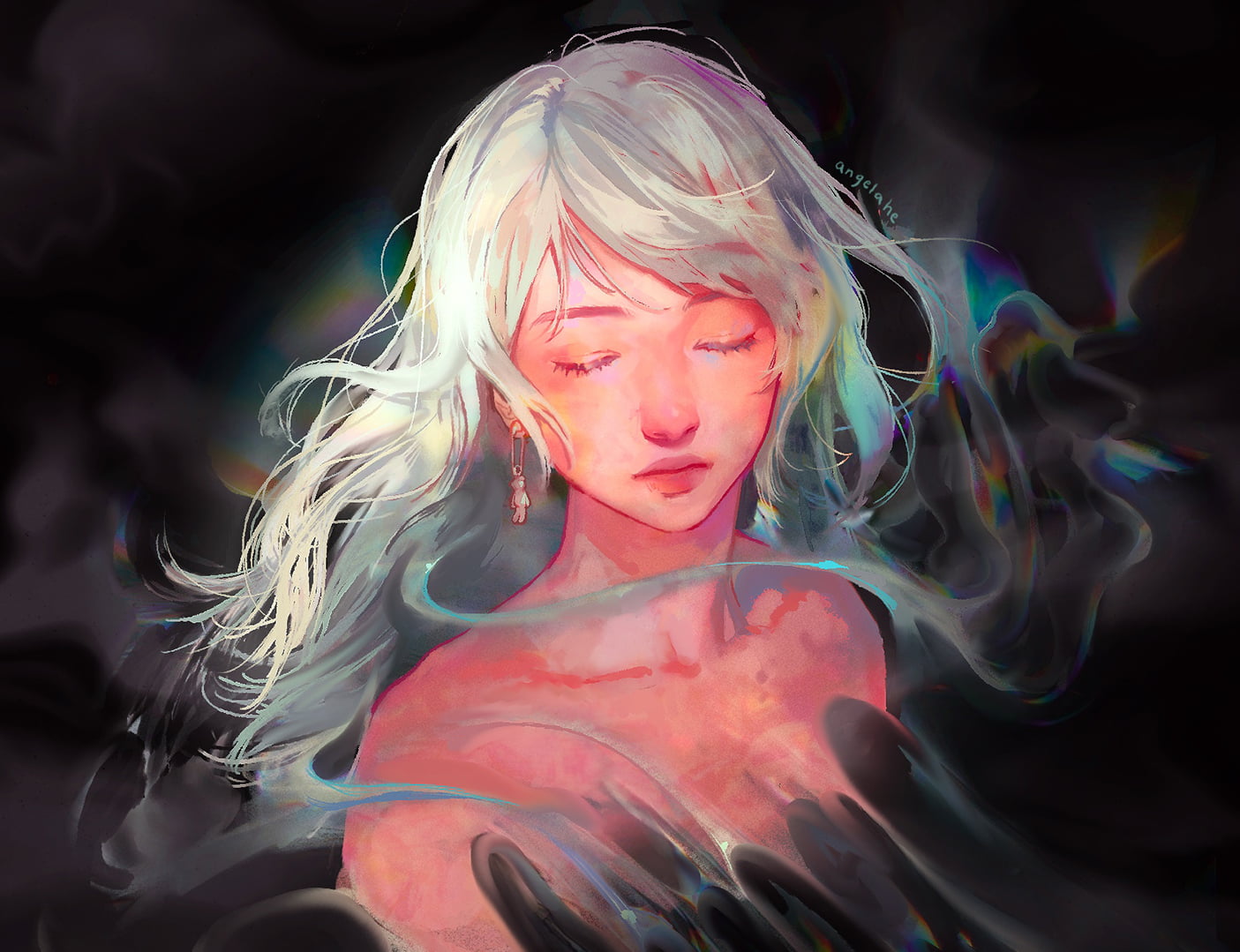 long hair, long earings, white hair, angela he, 720P, illustration, digital art, HD Wallpaper