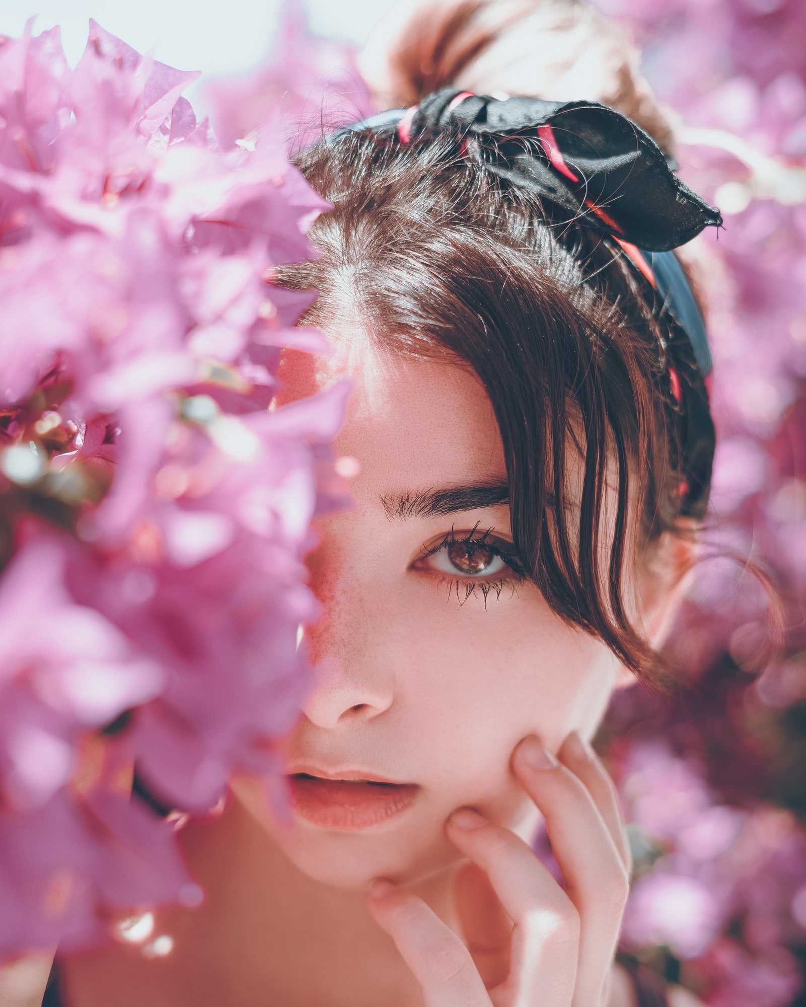 flowering plant, portrait, adult, 1080P, beautiful people, long eyelashes, portrait display, face, beauty in nature, women, brunette, young women, nature, Phone HD Wallpaper