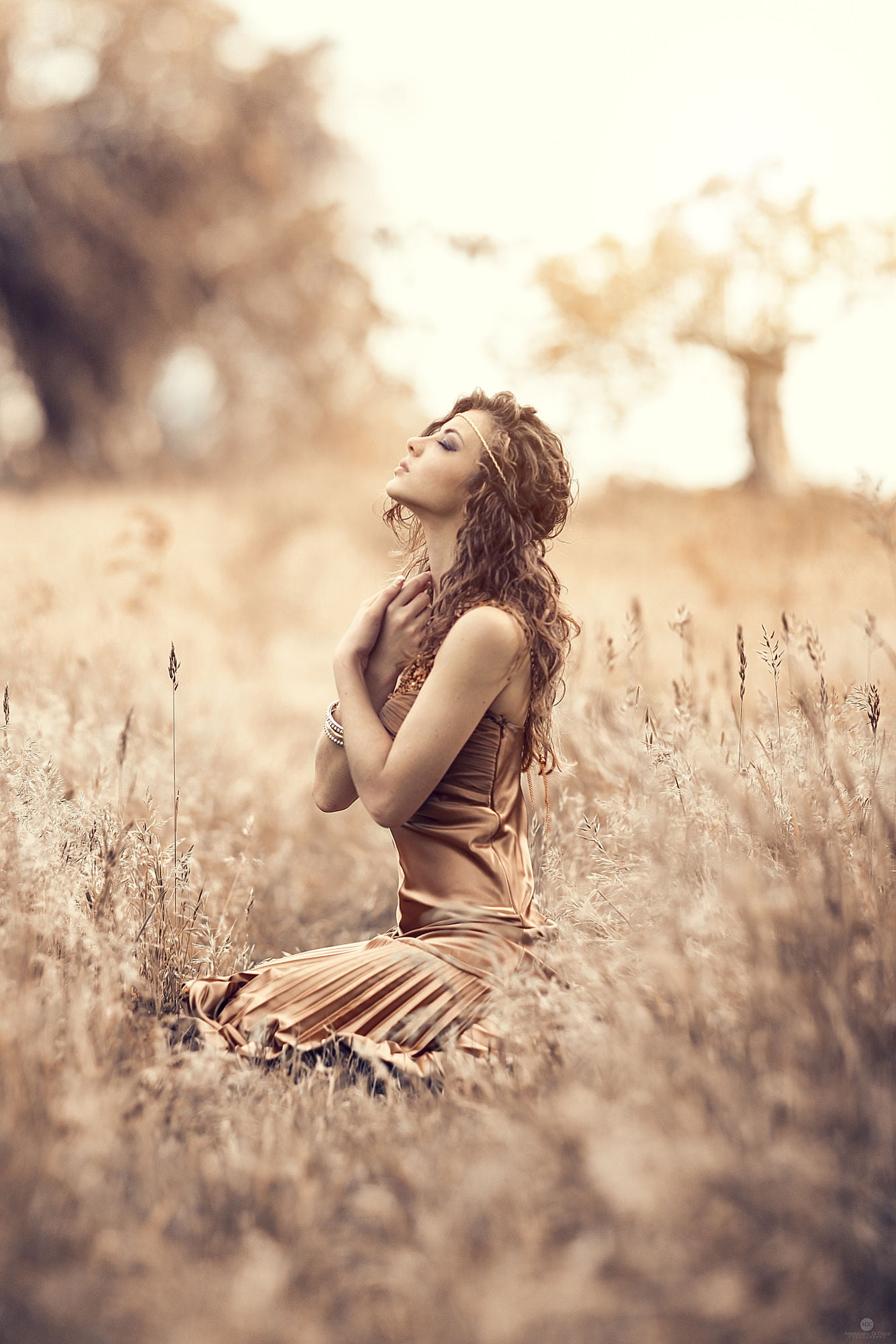 1080P, brown, dress, Alessandro Di Cicco, Grain Field, grain, long hair, hairband, field, curly hair, women, brunette, summer, Phone HD Wallpaper