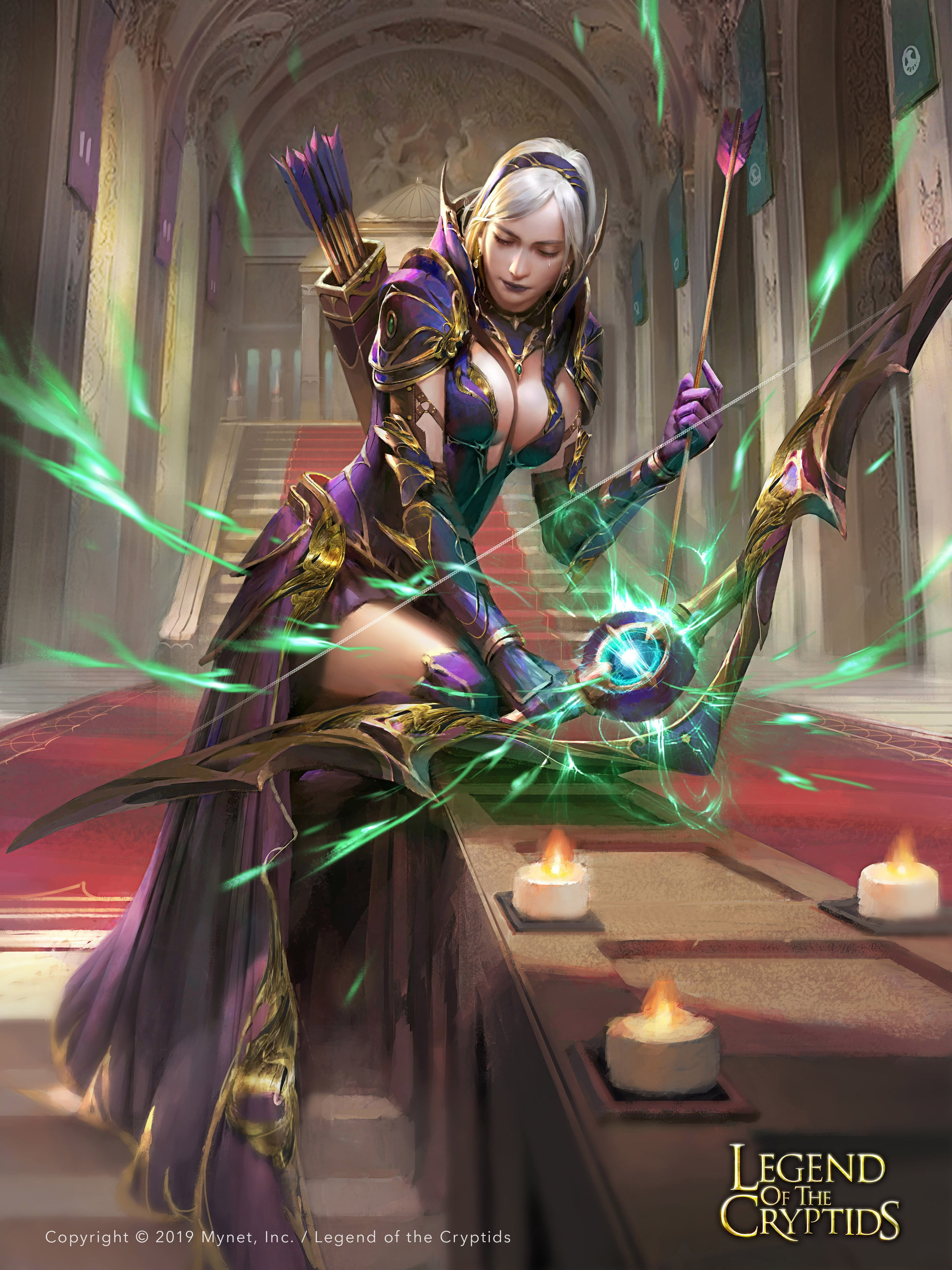 magic, crying, silver hair, arrows, hair accessories, cleavage, women, Fajareka Setiawan, archer, drawing, candles, spell, skirt, hairband, weapon, armor, Phone HD Wallpaper