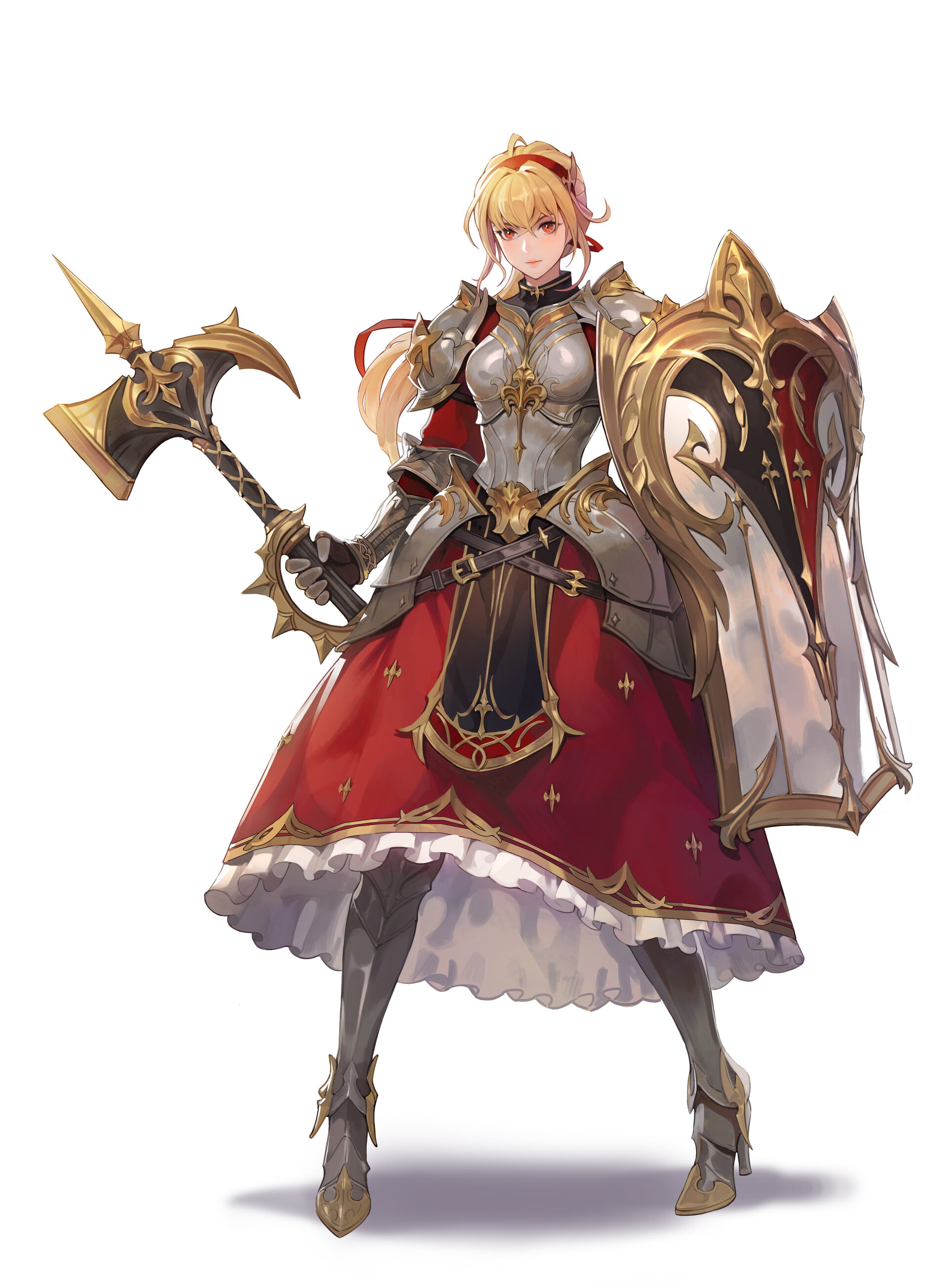 Junq Jeon, hairband, red eyes, drawing, armor, Paladin, 2K, hammer, high heels, warrior, shadow, anime girls, shield, women, blonde, weapon, steel, Phone HD Wallpaper
