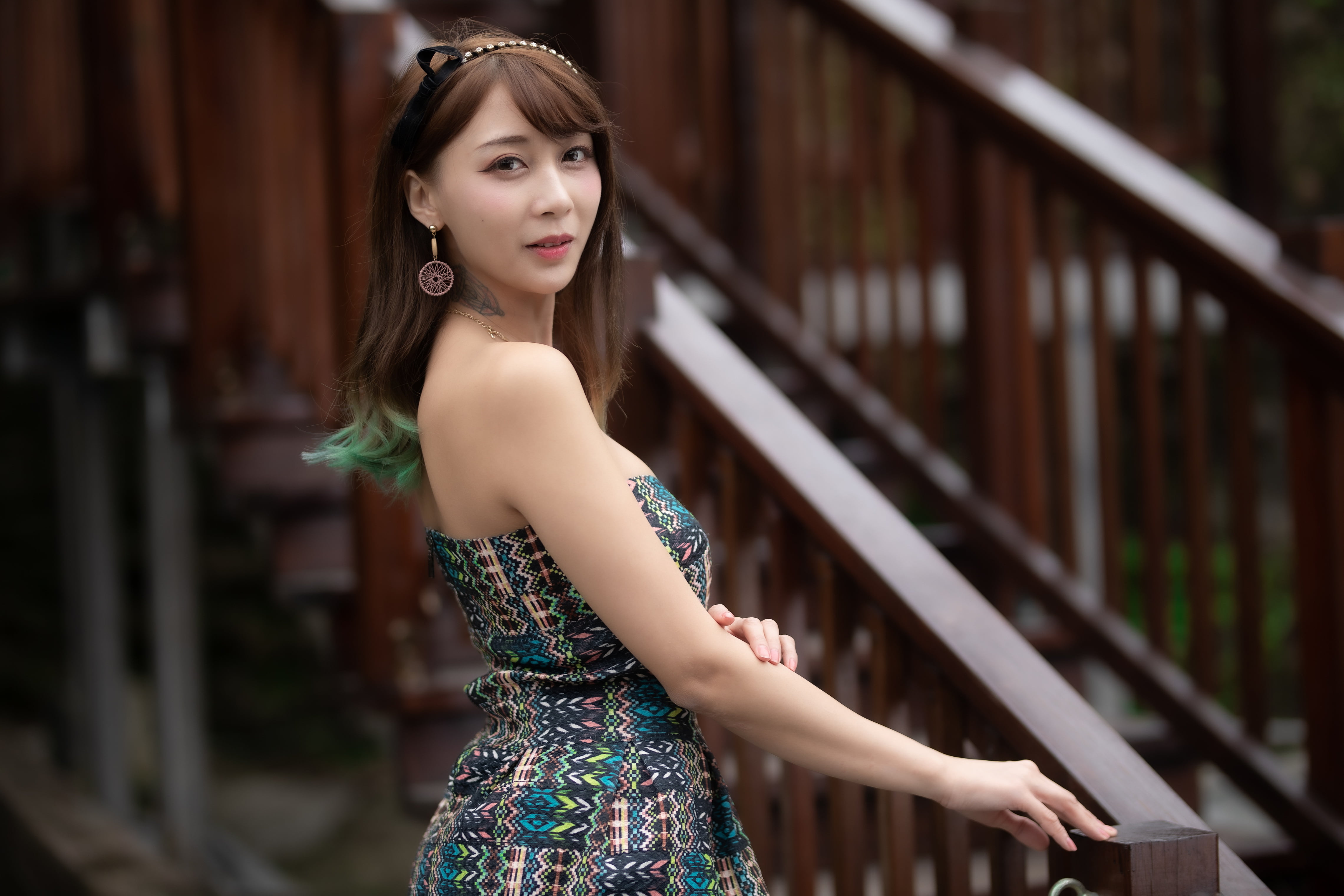 brunette, necklace, depth of field, railings, dress, hairband, women, tattoo, long hair, 4K, Asian, earring, model, HD Wallpaper