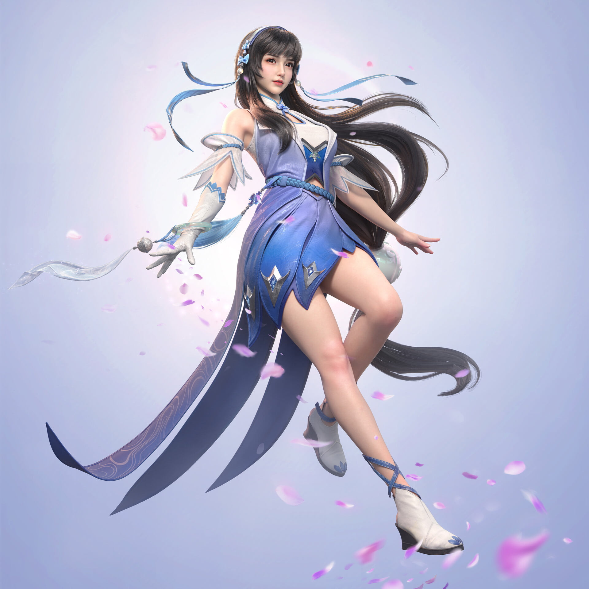 long hair, simple background, Asian, wind, CGI, 1080P, blue clothing, floating, dress, cherry blossom, hairband, dark hair, women, euginnx_Wu, blue background, Phone HD Wallpaper
