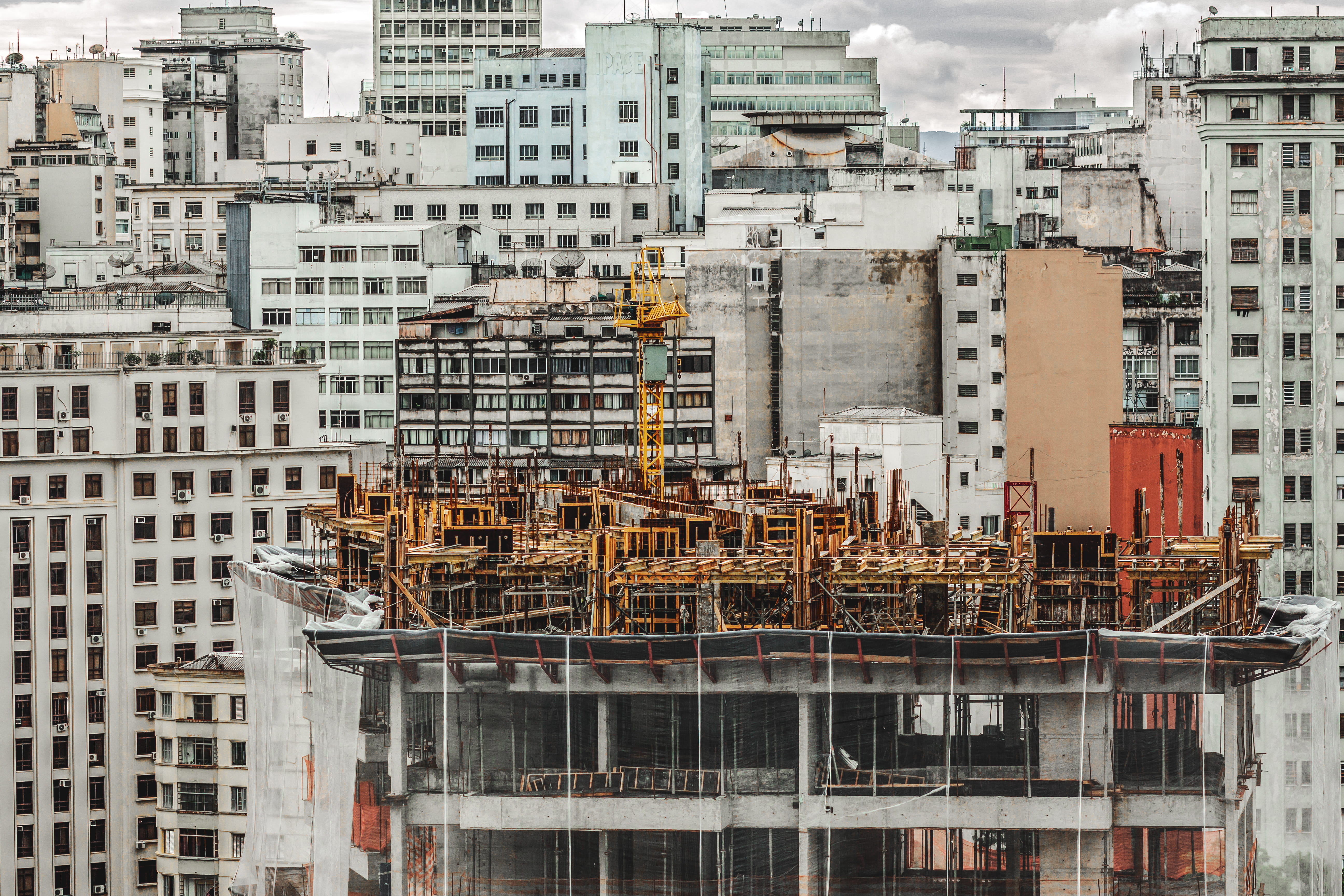 architecture, outdoors, apartment, industry, tall, steel, scaffoldings, high, development, construction work, perspective, Modern building, architectural design, HD Wallpaper