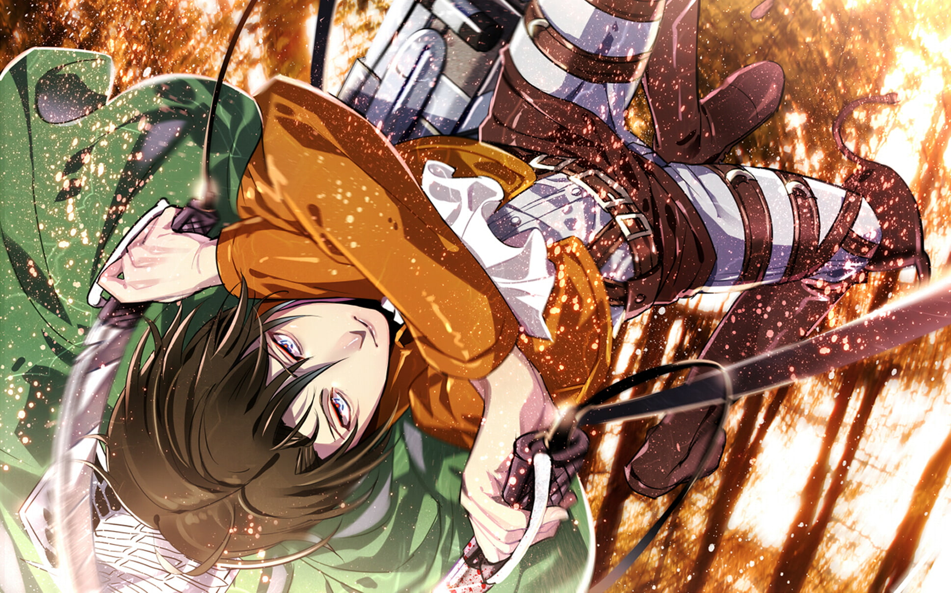 Rivaille, forest, jump, guy, Attack on Titan, Levi, Shingeki no Kyojin, sparks, 1080P, HD Wallpaper