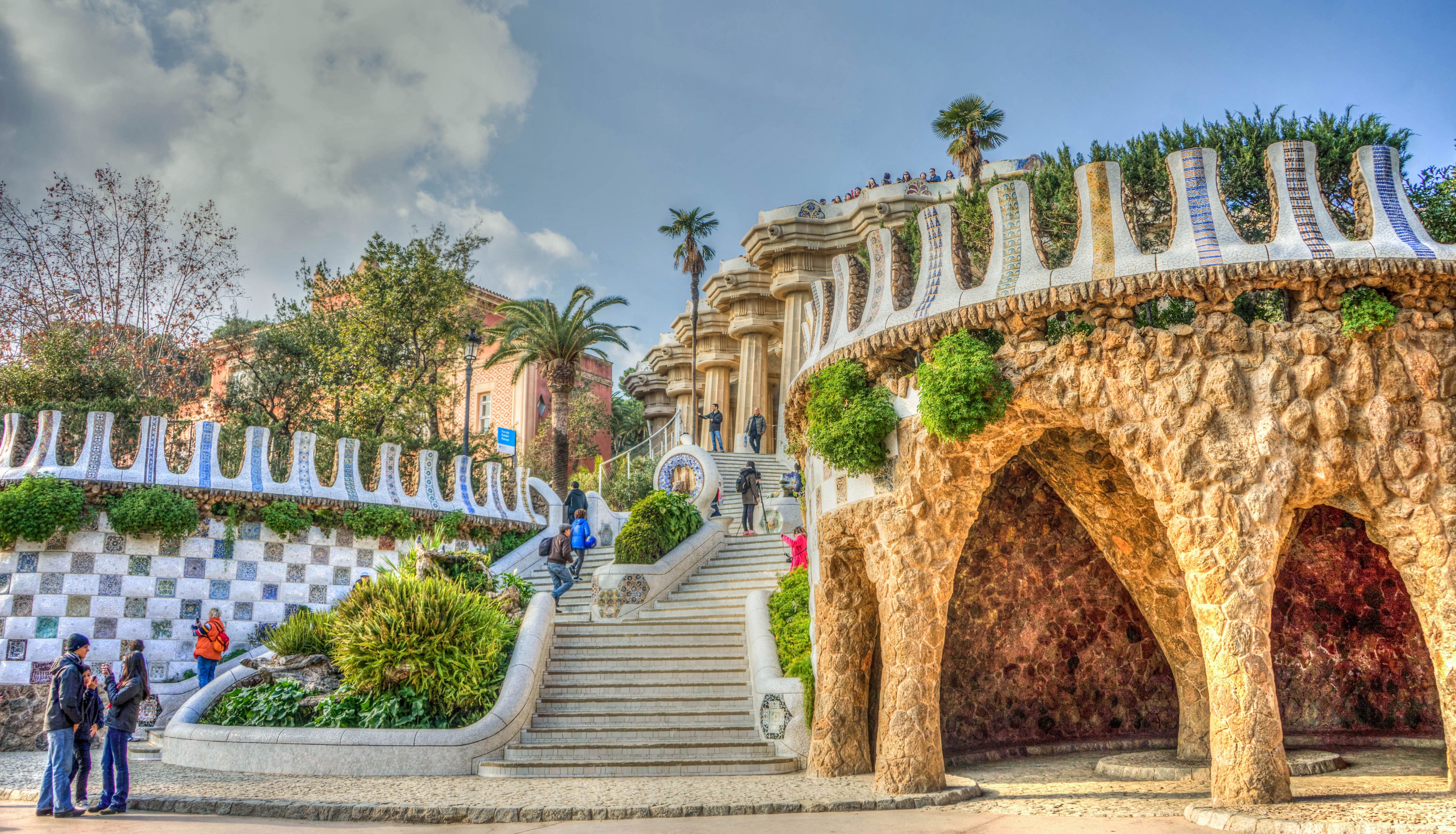 staircase, outdoor, park, walking, ceramic, outdoors, museum, structures, day, incidental people, guell park, travel, city, catalonia, nature, sky, built structure, HD Wallpaper