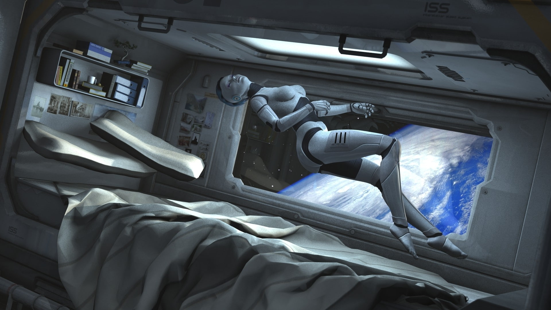artwork, cyborg, spaceship, Futuristic, Earth, fantasy Art, robot, 1080P, space, women, bed, Zero Gravity, Cabin, HD Wallpaper