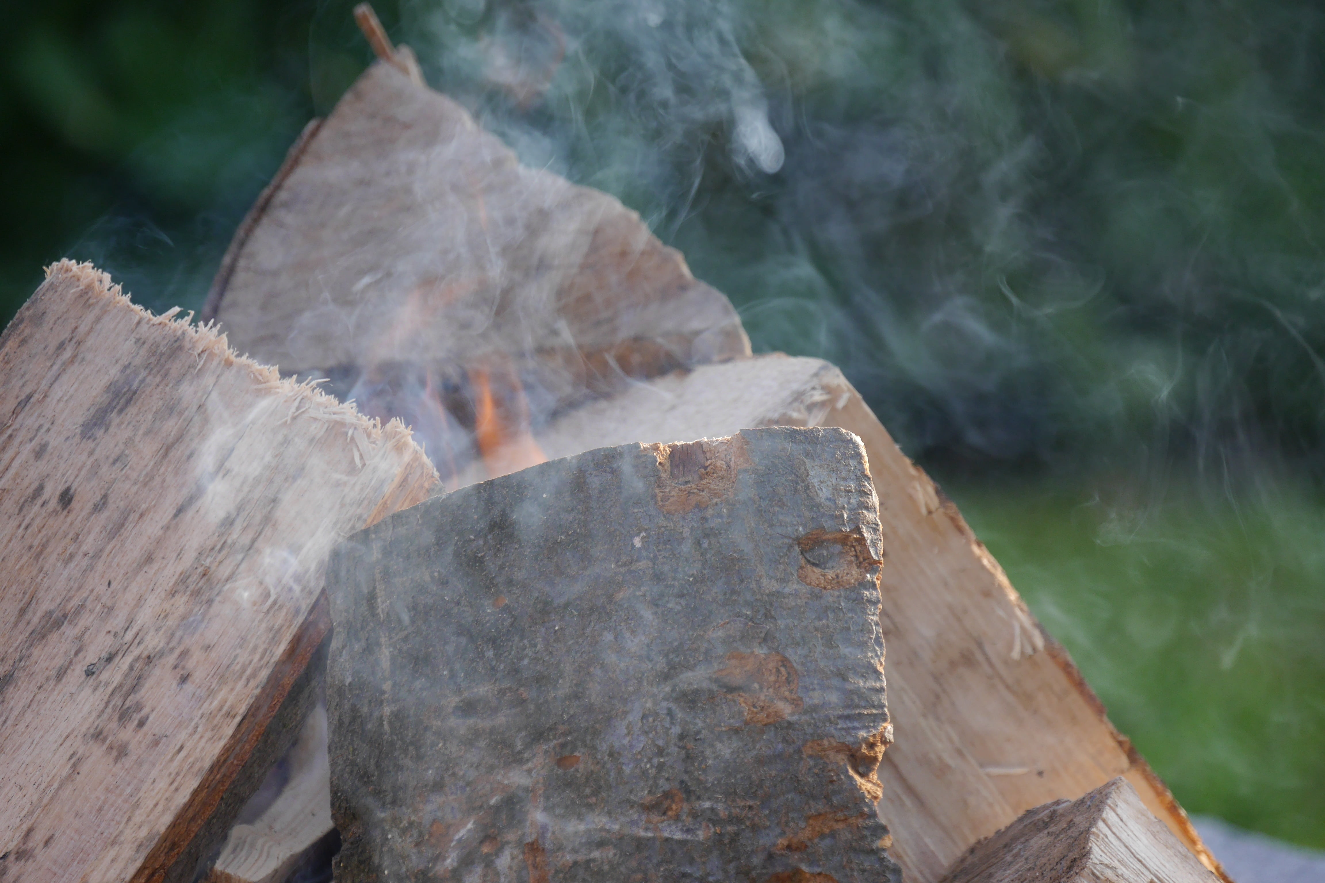 no people, land, heat - temperature, wood, high angle view, close-up, adventure, geology, focus on foreground, burning, tree, campfire, outdoors, log, smoke, HD Wallpaper