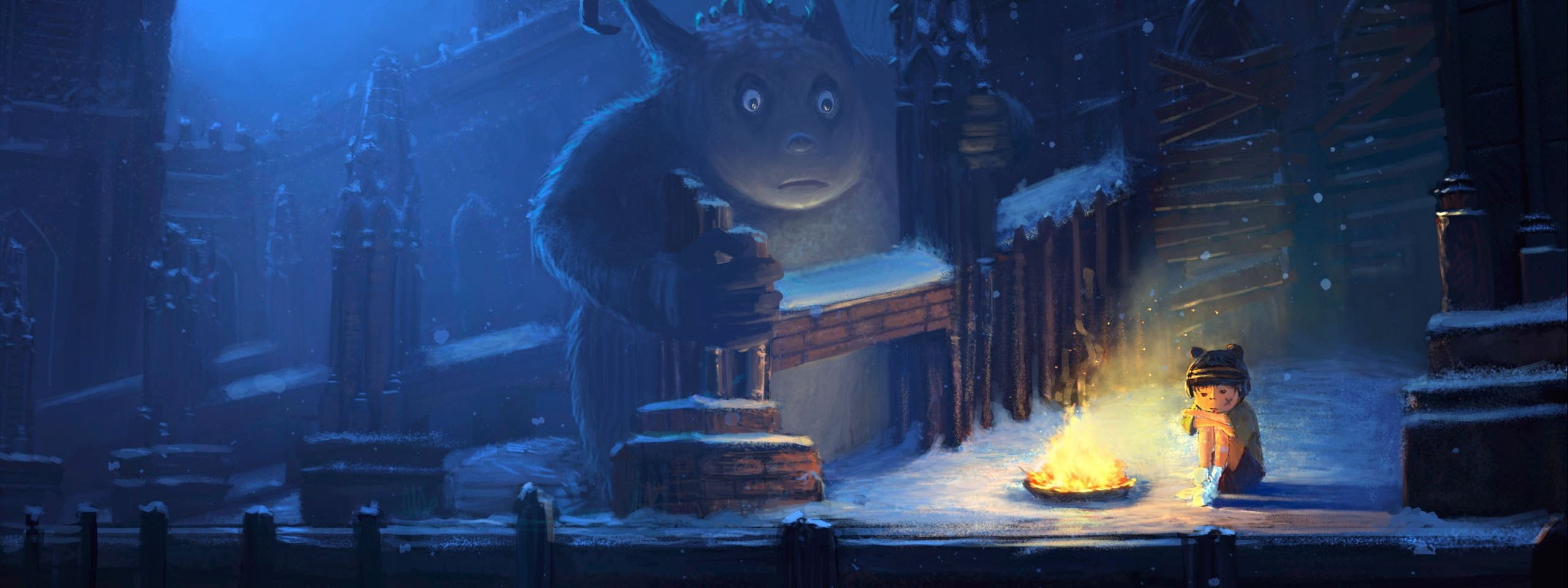 abandoned, digital, architecture, burning, artwork, snow, children, smoke - physical structure, heat - temperature, creature, night, belief, HD Wallpaper