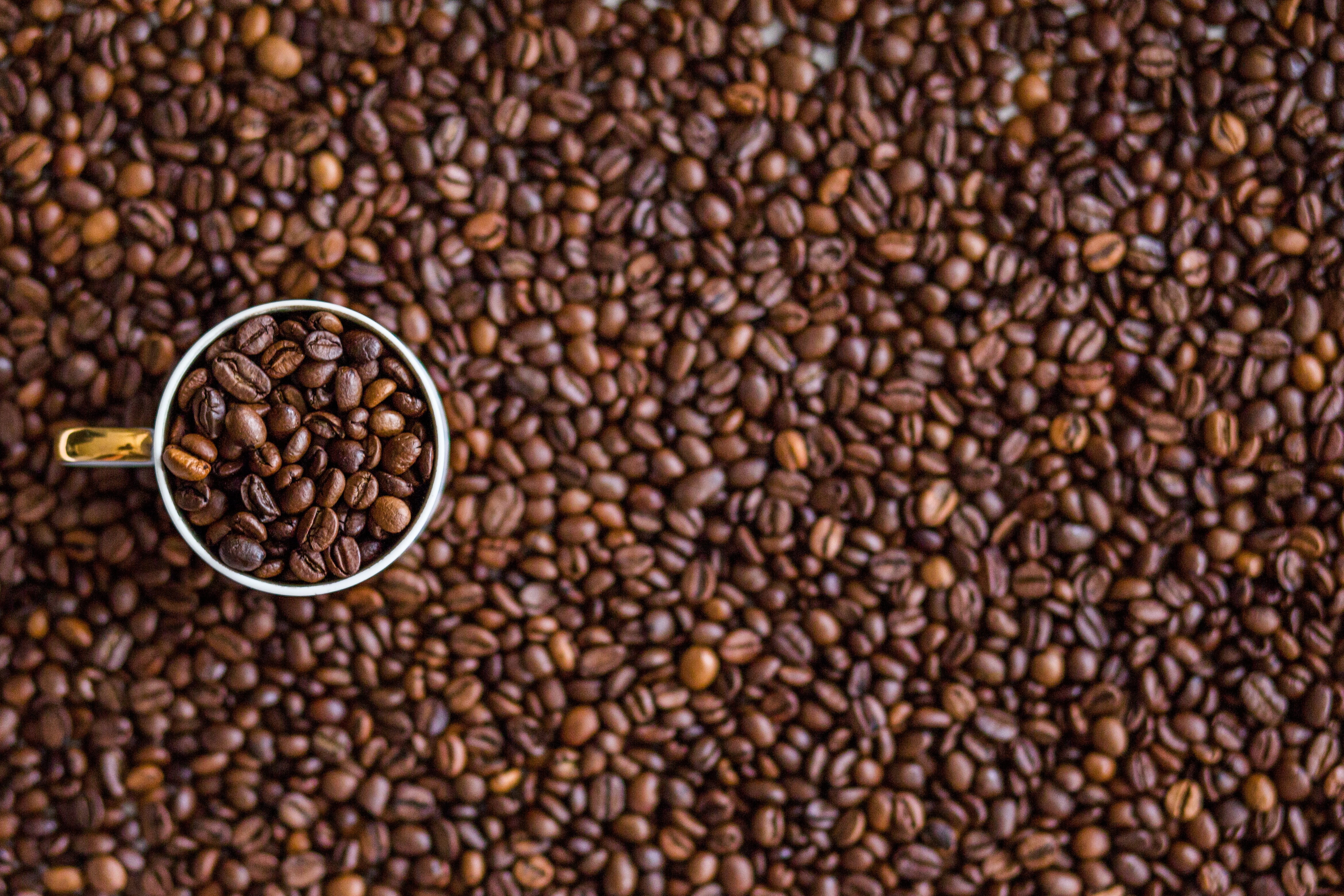 still life, drink, coffee beans, brown, roasted, 4K, food, coffee, caffeine, mugs, close-up, coffee cup, roasted coffee bean, cup, food and drink, large group of objects, HD Wallpaper
