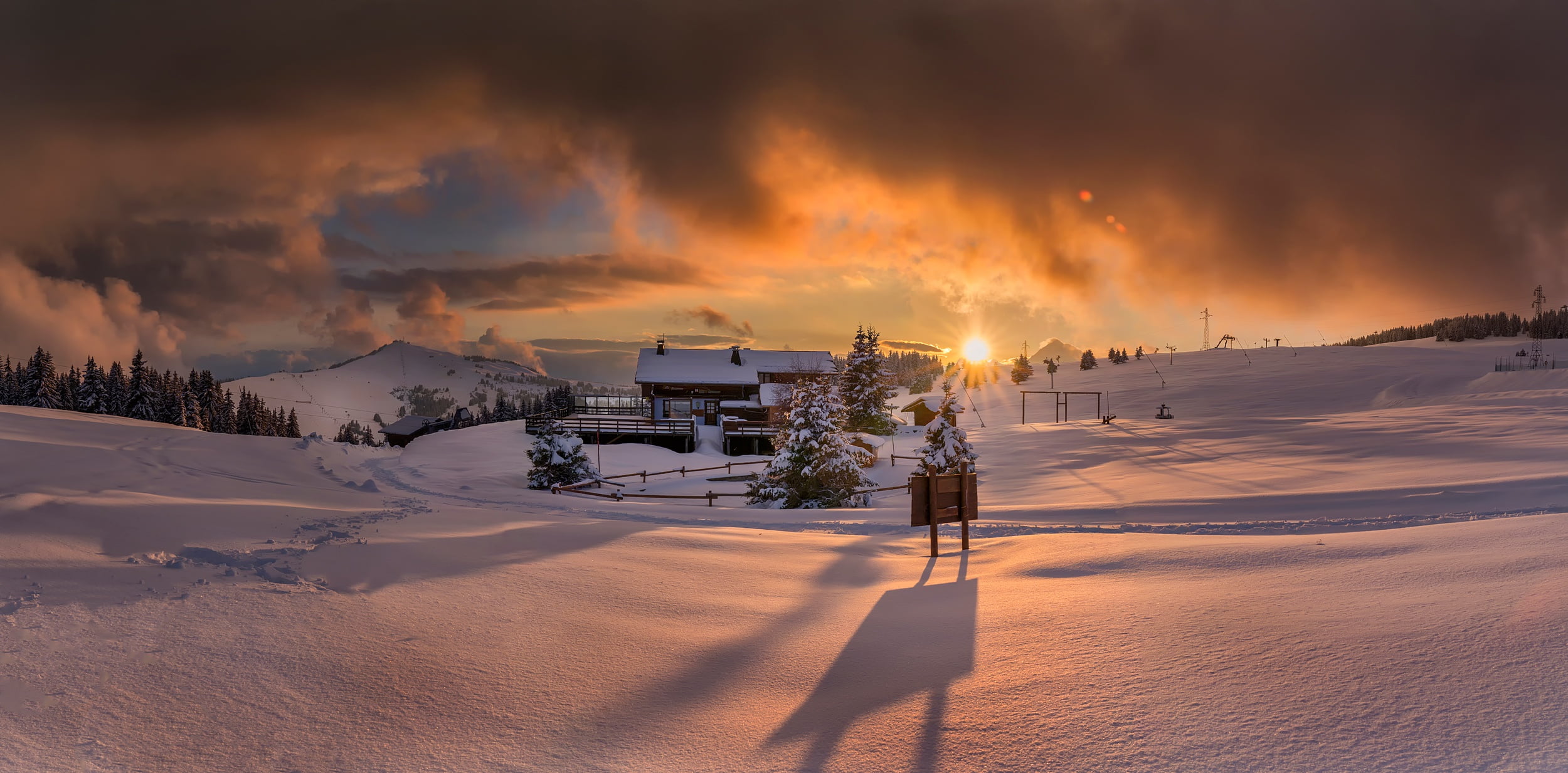 no people, brown, nature, house, sky, sunlight, cold temperature, beauty in nature, land, sunset, cloud - sky, environment, wooden, architecture, snowcapped mountain, HD Wallpaper