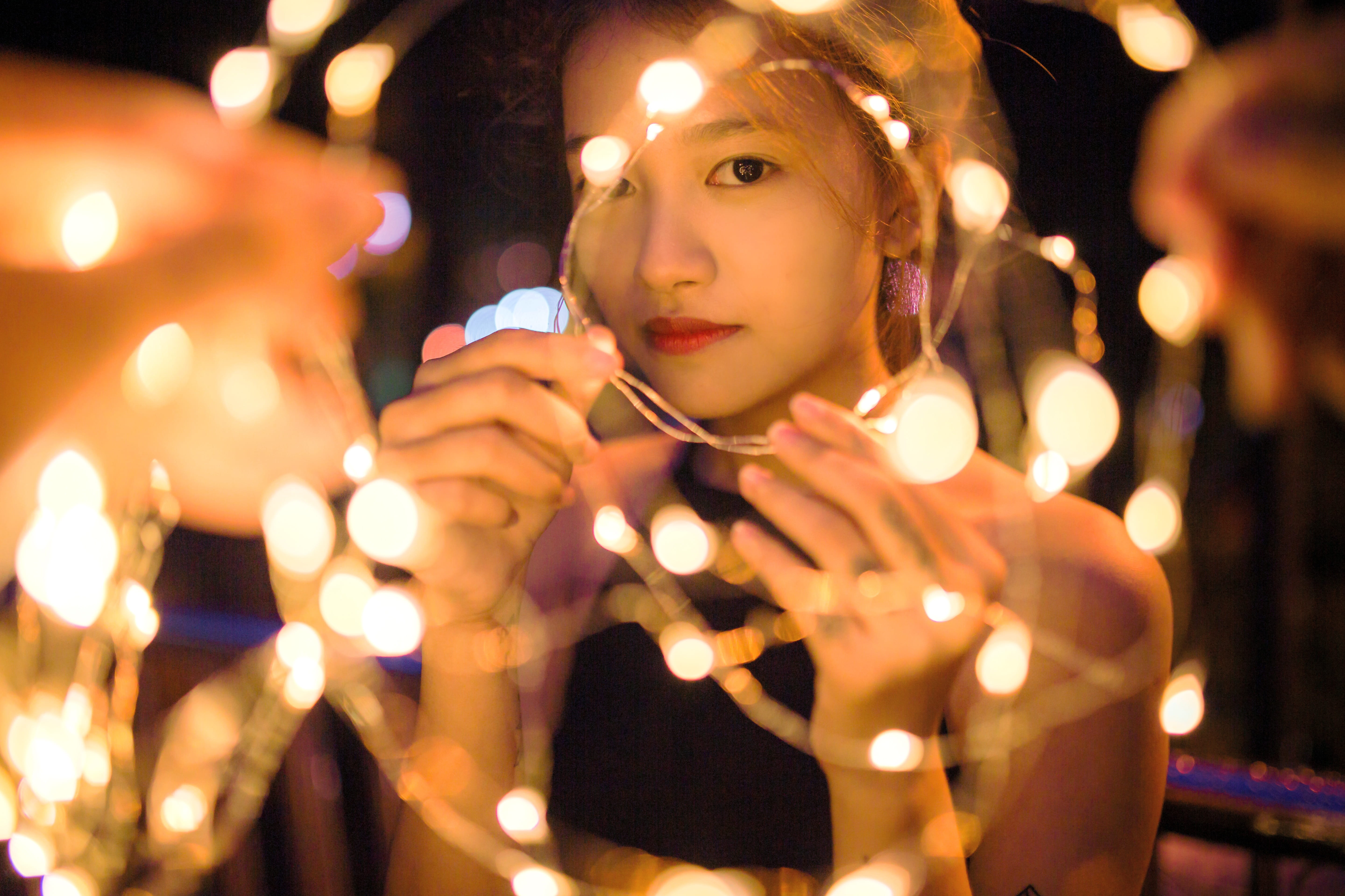 people, lights, music, woman, arts culture and entertainment, person, musical instrument, string, illuminated, adult, portrait, selective focus, women, HD Wallpaper
