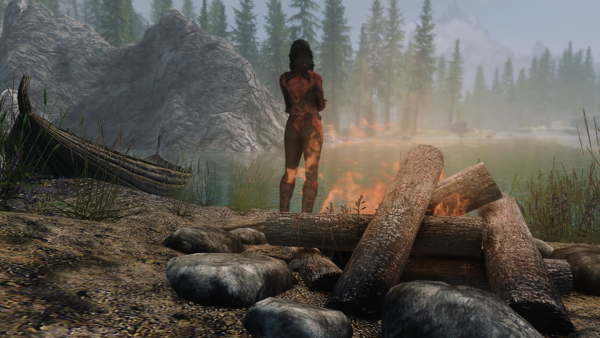 water, solid, tree, plant, nature, outdoors, The Elder Scrolls V: Skyrim, forest, bonfires, fog, The Elder Scrolls, land, lake, scenics - nature, brown, HD Wallpaper