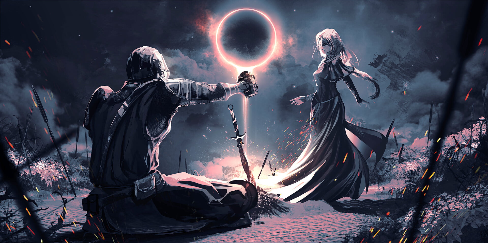 sparks, Rashed AlAkroka, sword, dark souls 3, women, knight, fantasy art, bonfire, 1080P, dress, mug, eclipse, HD Wallpaper