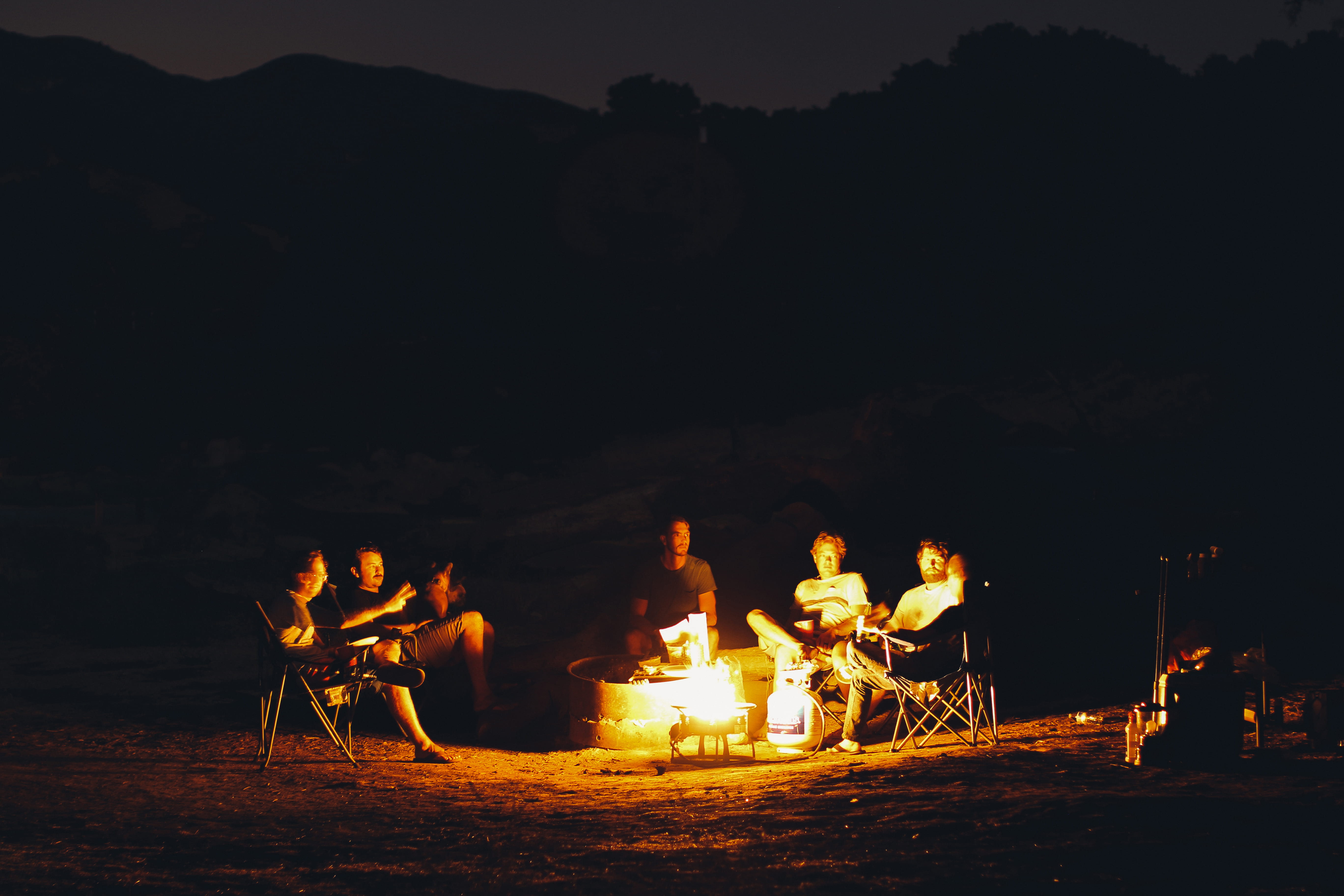 bonfire, flame, fire pit, night, men, togetherness, 5K, mature men, real people, land, fire - natural phenomenon, lifestyles, group, seating, burning, HD Wallpaper