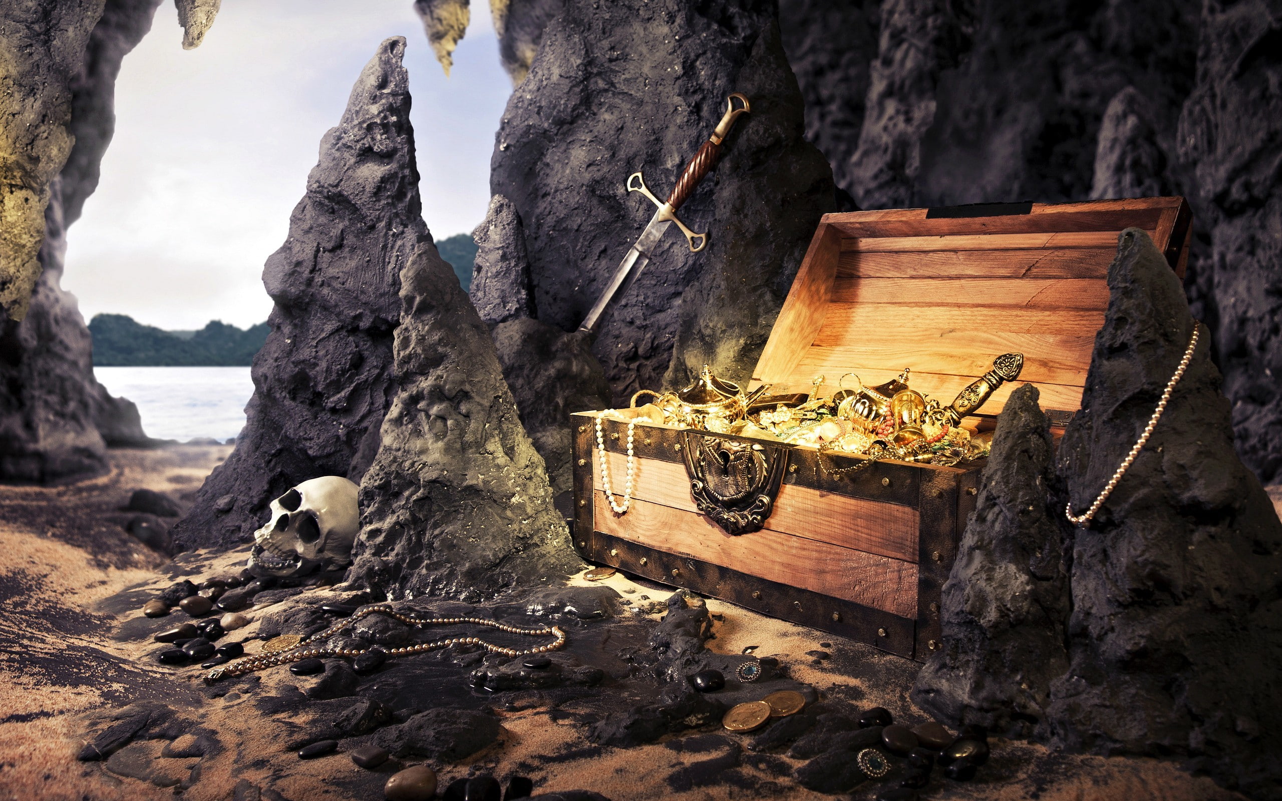 2K, skull, fantasy art, sword, weapon, gold, treasure, HD Wallpaper