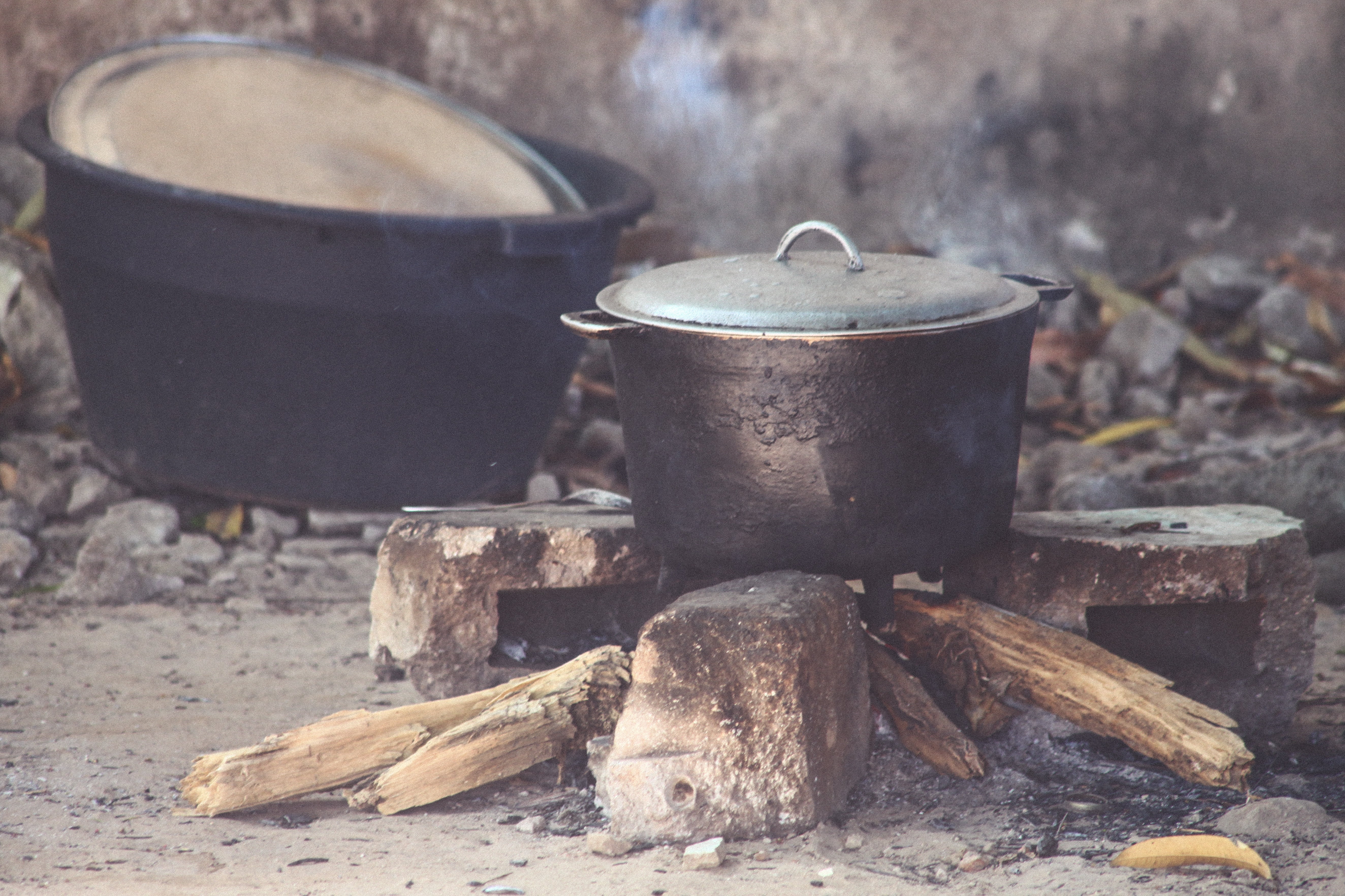 kitchen utensil, food, no people, appliance, bonfire, black, rocks, gray, smoke, 5K, household equipment, fire, pots, pot, firewood, camping stove, metal, HD Wallpaper